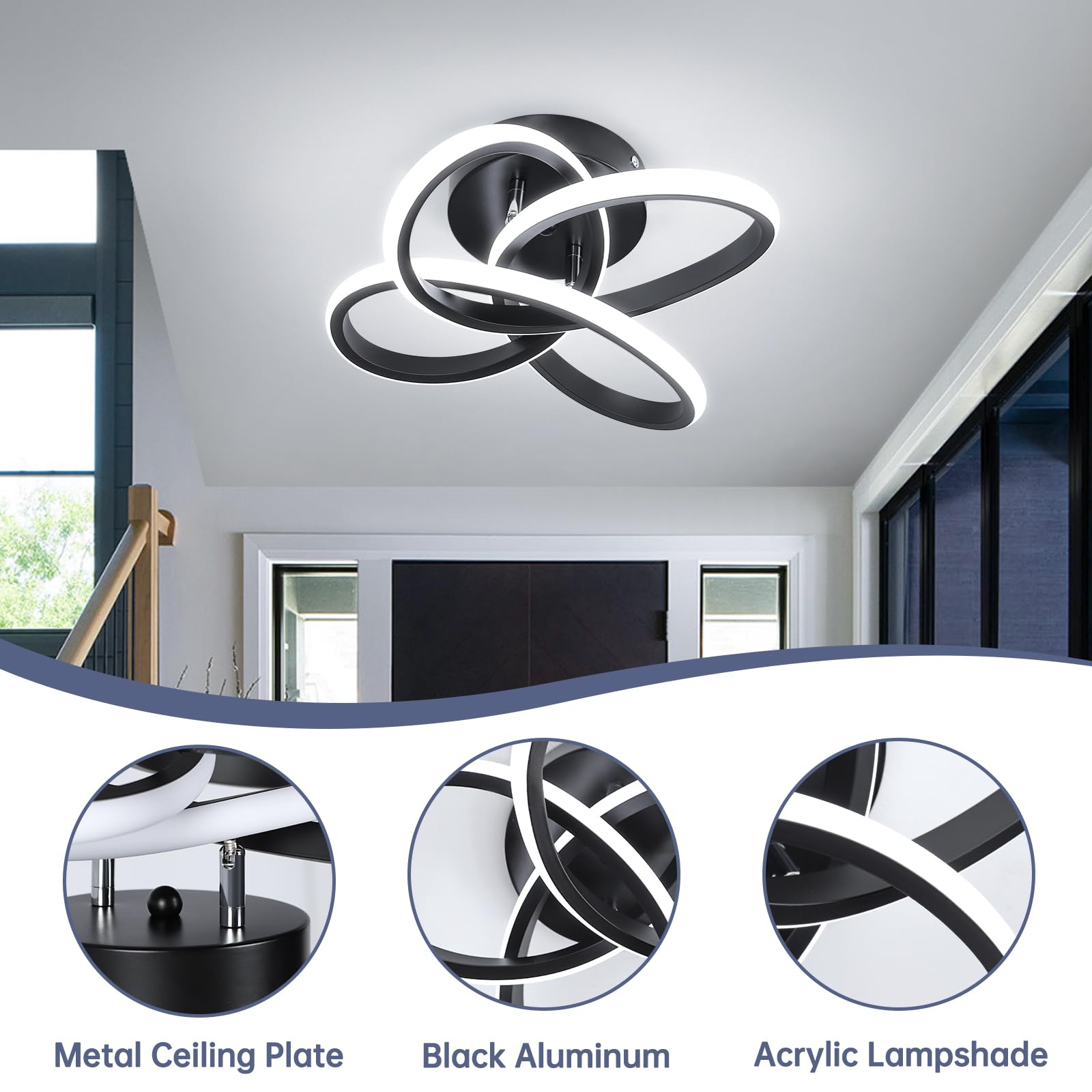 Modern LED Ceiling Light Fixture - Black Flush Mount Hallway Light with Curved Design | Cool White Lighting for Bedroom, Bathroom, Entryway, Balcony & Stairs | Energy-Efficient Indoor Lighting Solution