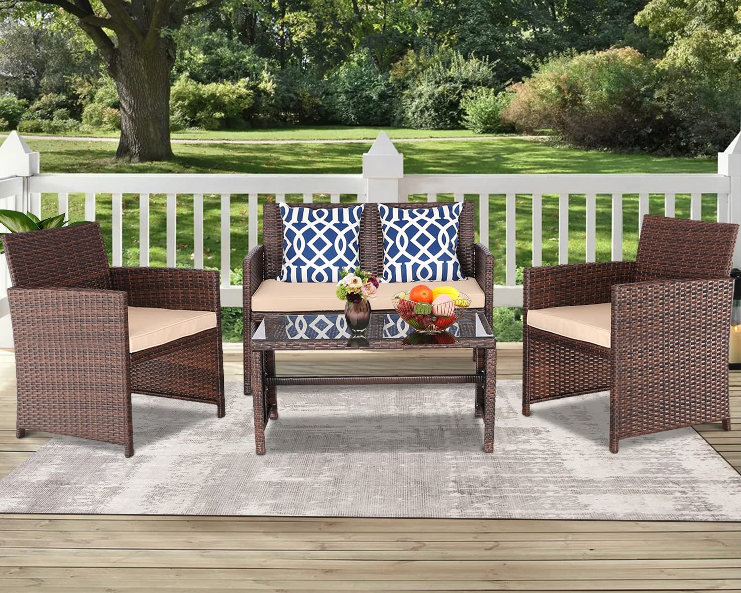 4-Piece Outdoor PE Wicker Rattan Furniture Set with Cushions & Table - Patio Conversation Set for Backyard, Garden, Balcony, Porch & Poolside - Perfect for Relaxing, Entertaining & Outdoor Dining