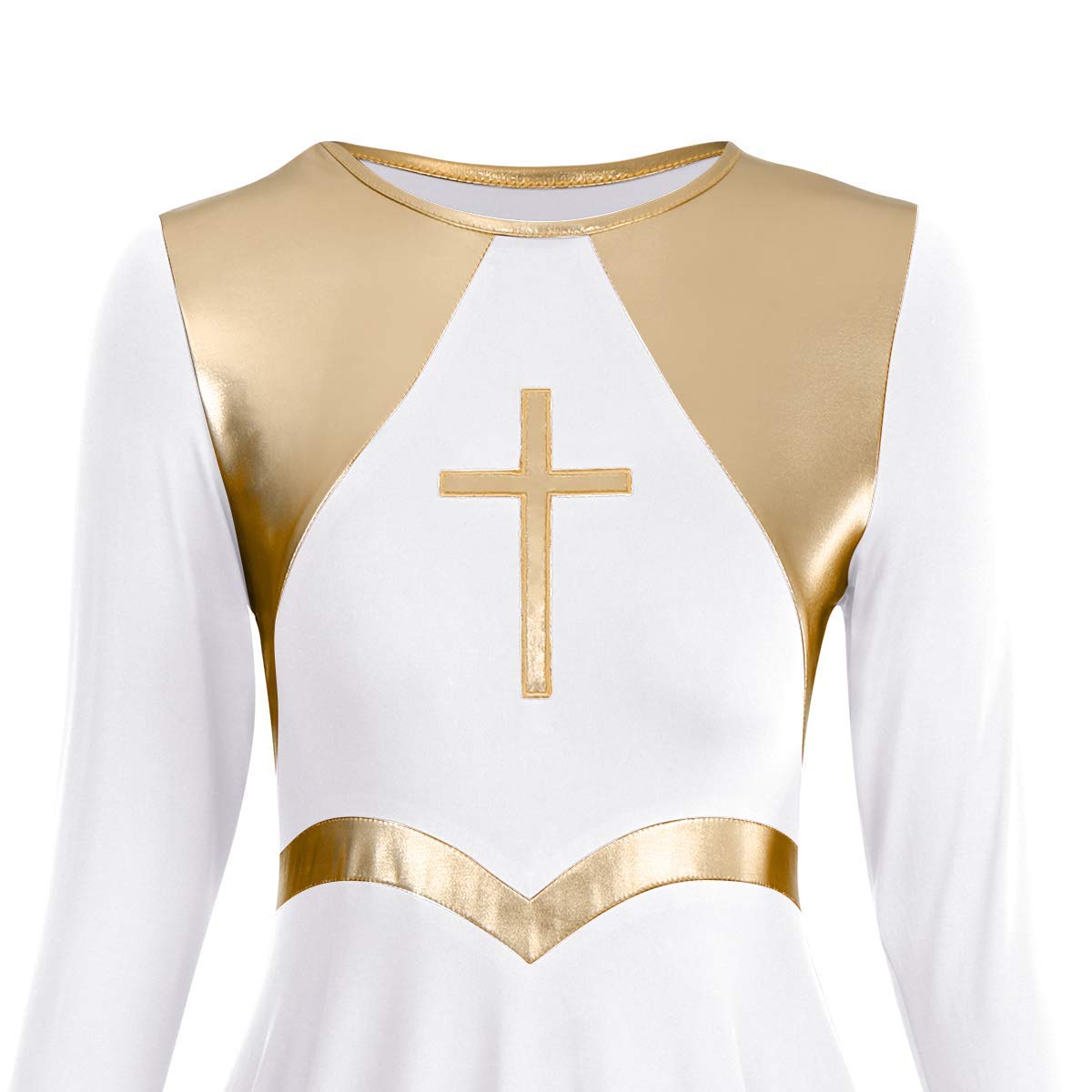 Metallic Cross Praise Dance Dresses for Women - Liturgical Worship Long Sleeve Loose Fit Full Length Dress - Perfect for Church Performances, Gospel Choir & Spiritual Dance Events