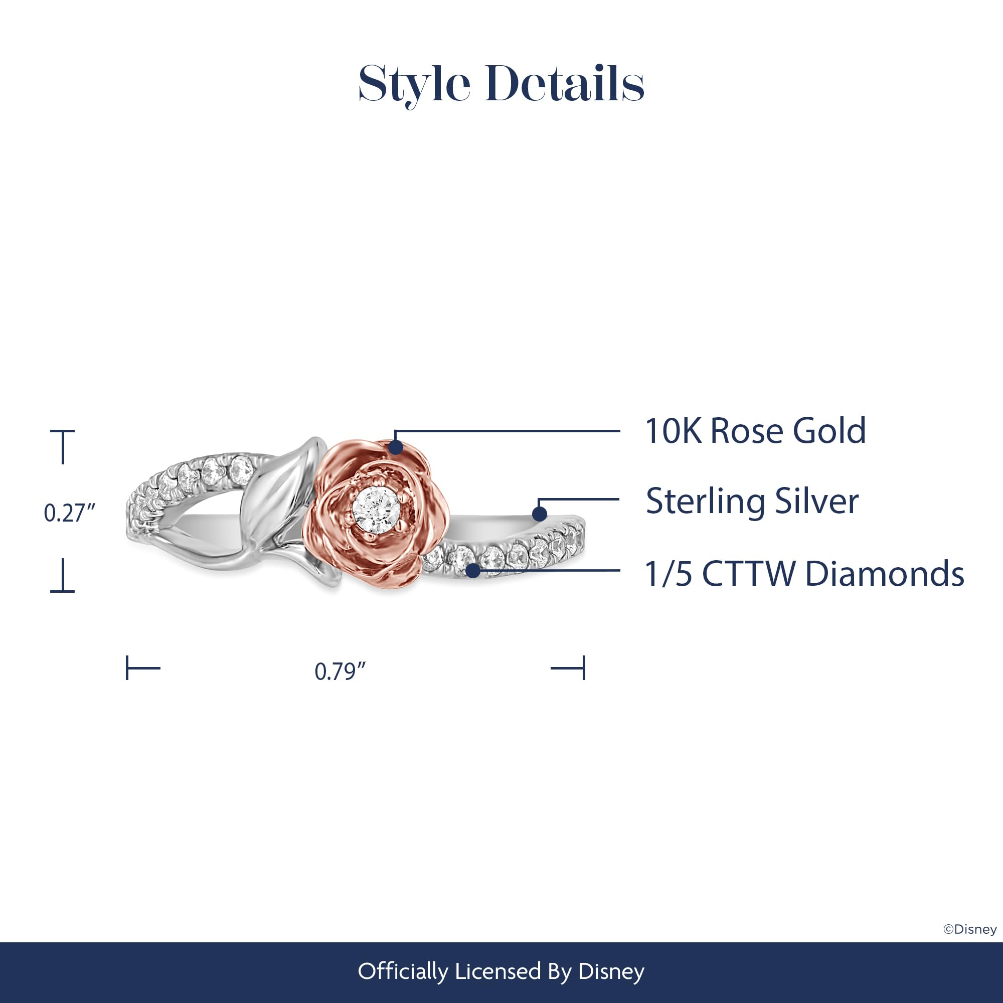 Enchanted Disney Belle Rose Ring - Sterling Silver & 10K Rose Gold with 1/5 CTTW Diamond | Fine Jewelry for Women | Perfect for Disney Fans, Weddings & Special Occasions