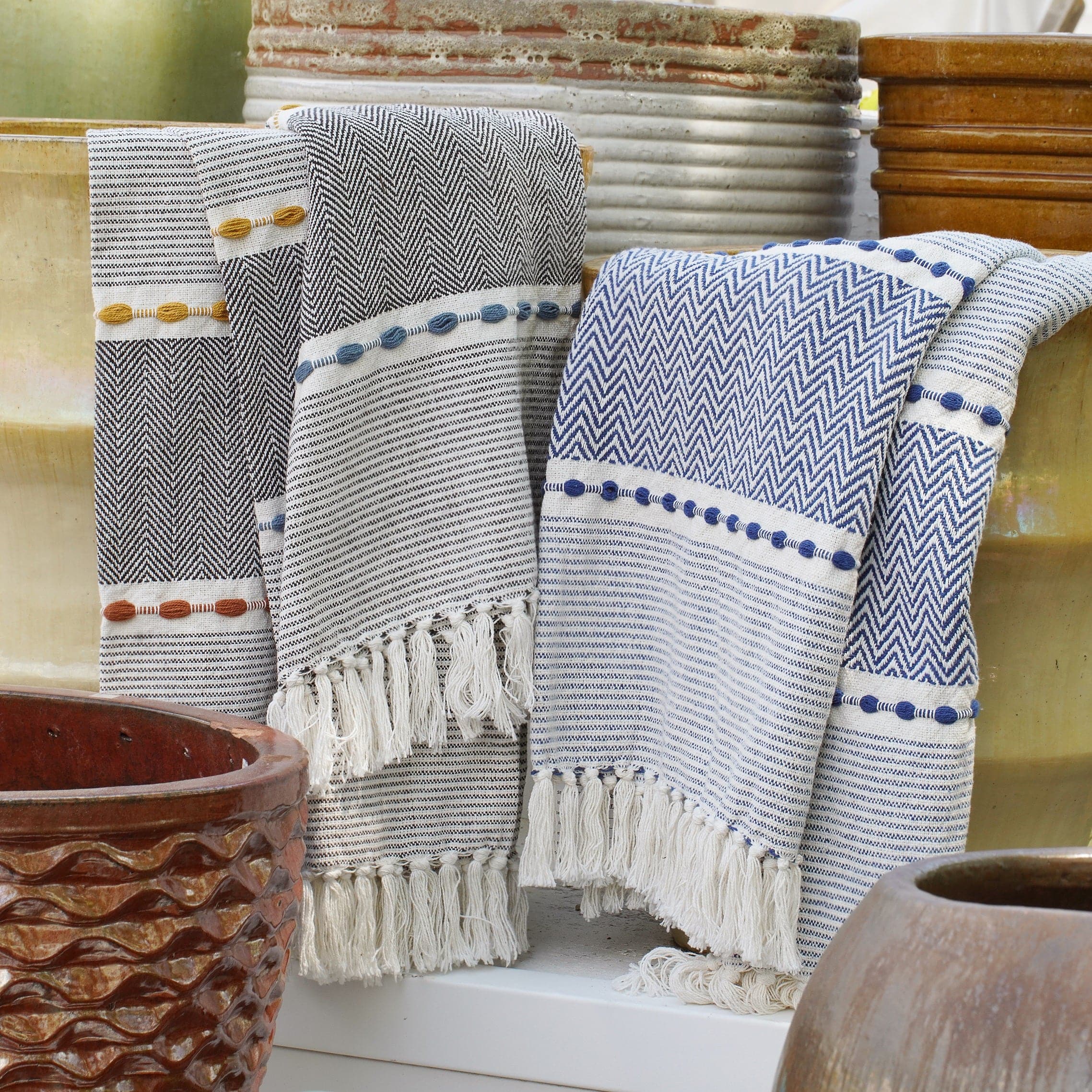 Herringbone Stripe Yarn-Dyed Cotton Woven Tassel Throw Blanket - Soft & Cozy Decorative Couch Cover for Living Room, Bed, Sofa