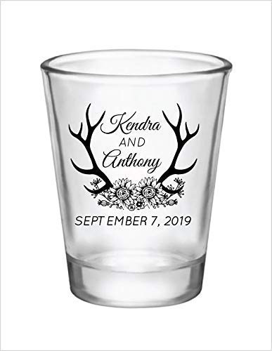 Personalized Rustic Wedding Shot Glasses - Bulk Wedding Favors for Guests, Country Wedding Party Supplies with Floral Antler Design - Perfect for Rustic, Country & Outdoor Wedding Receptions
