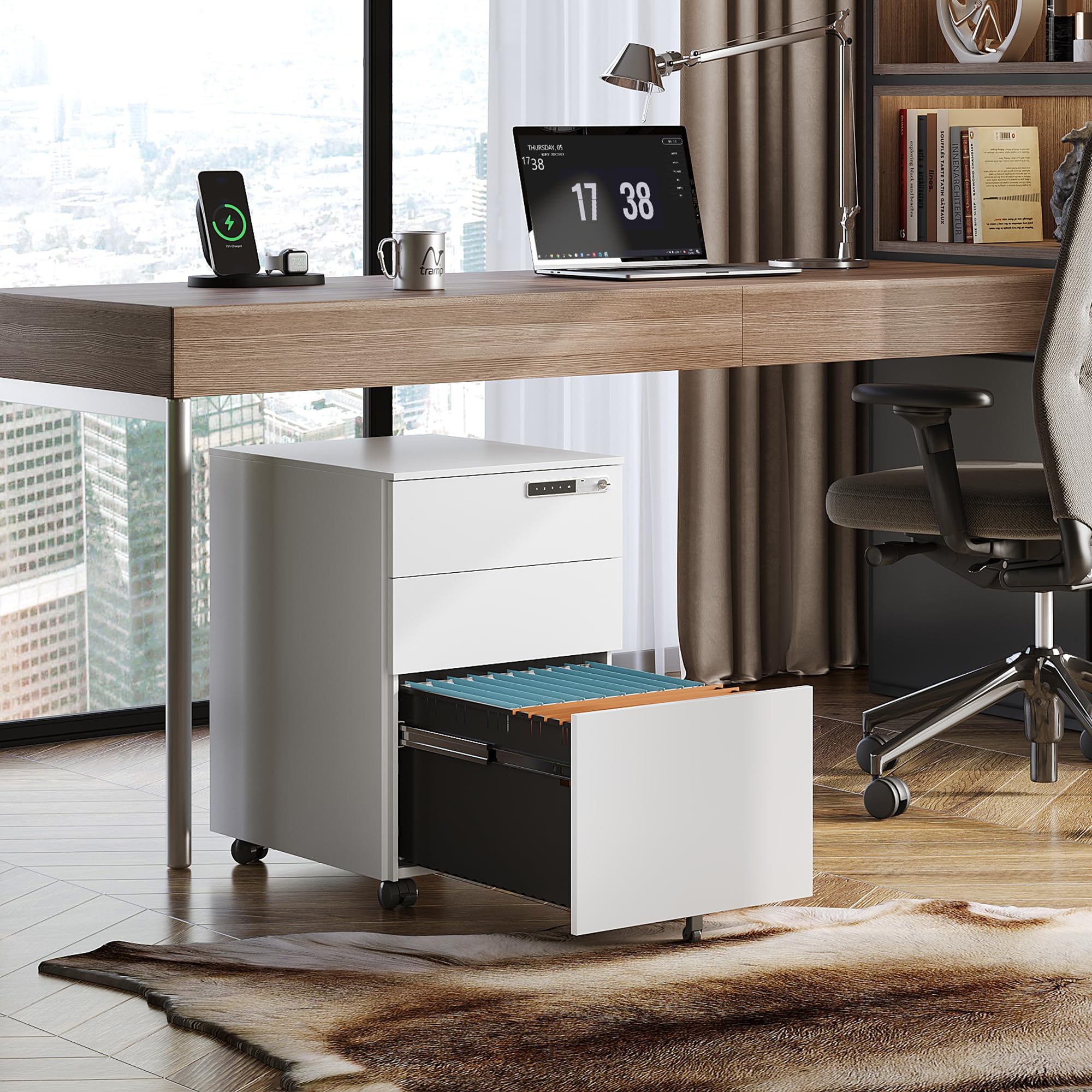 DEVAISE 3-Drawer Locking File Cabinet - Fully Assembled Metal Storage with Combination Lock | Mobile Under Desk Home Office Organization | White Filing Cabinet for Documents & Supplies