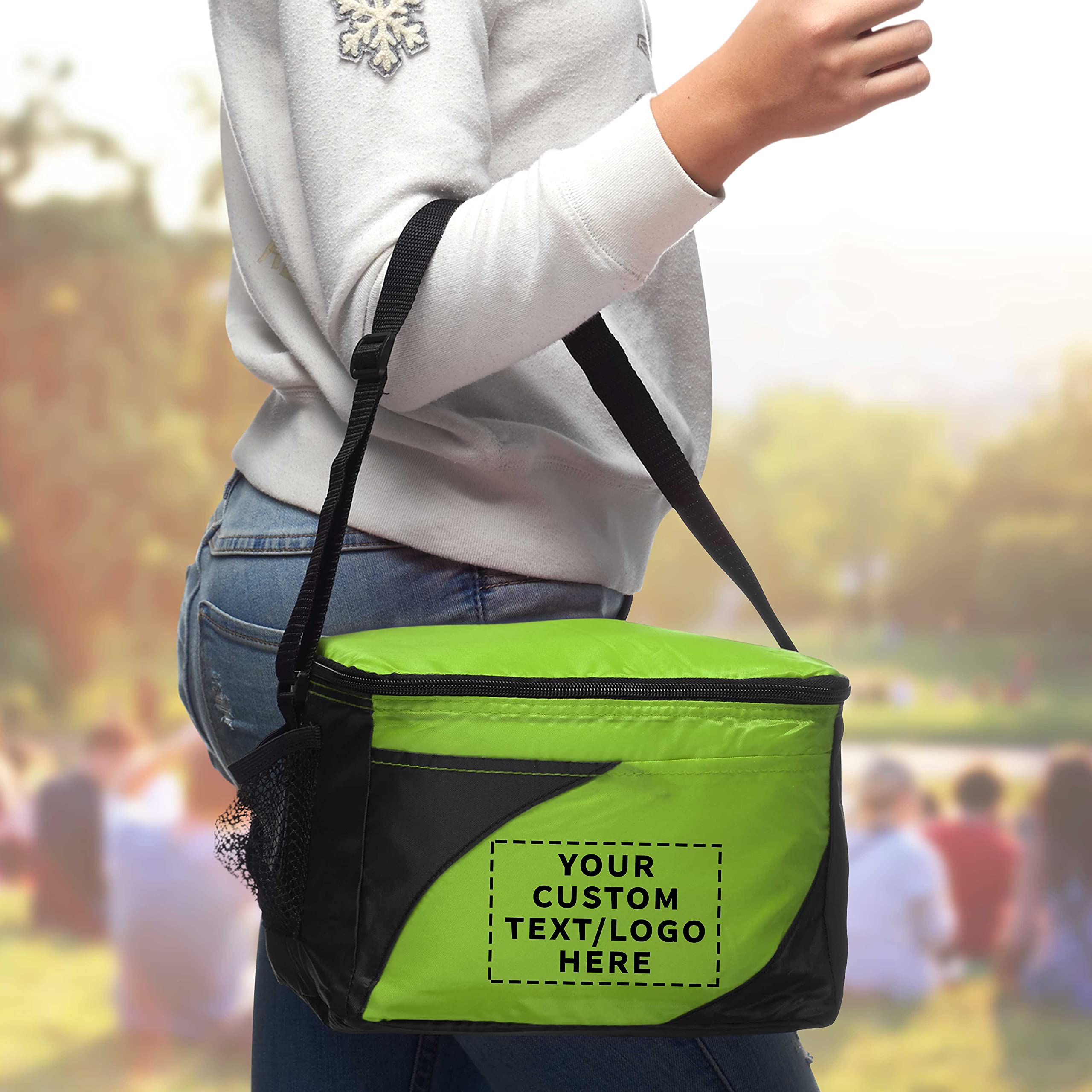 50 Pack Customizable Insulated Lunch Bags with Front & Side Pockets - Personalized Text/Logo - Lime Green Cooler Bags for Office, School, Picnics & Outdoor Activities