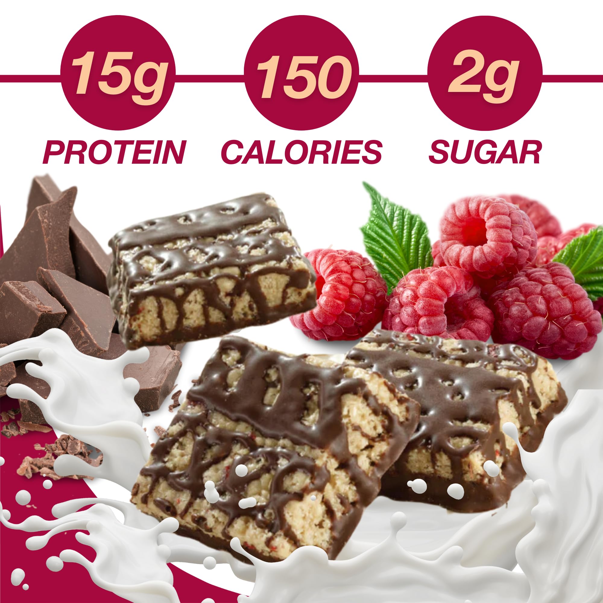 ProtiDIET Dark Chocolate Raspberry High Protein Bars - Gluten Free, Low Fat, Fiber Rich Collagen Protein Snacks for Weight Management & Muscle Recovery - 7 Bars per Box | Perfect for Post-Workout, On-the-Go Breakfast & Healthy Office Snacking