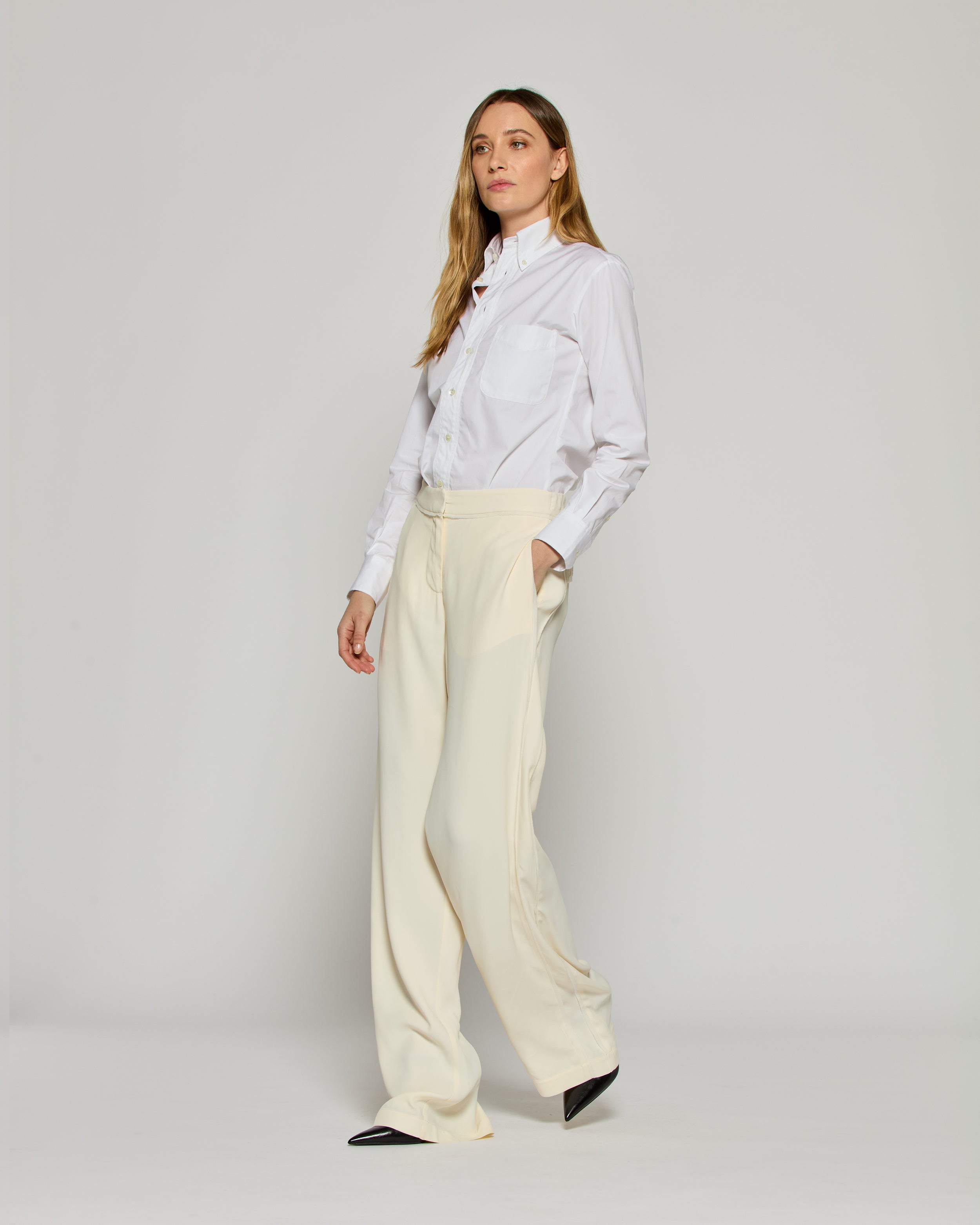 Elegant Tailored Women's Trousers with Georgette Trim in Cream - Perfect for Office Wear & Formal Occasions