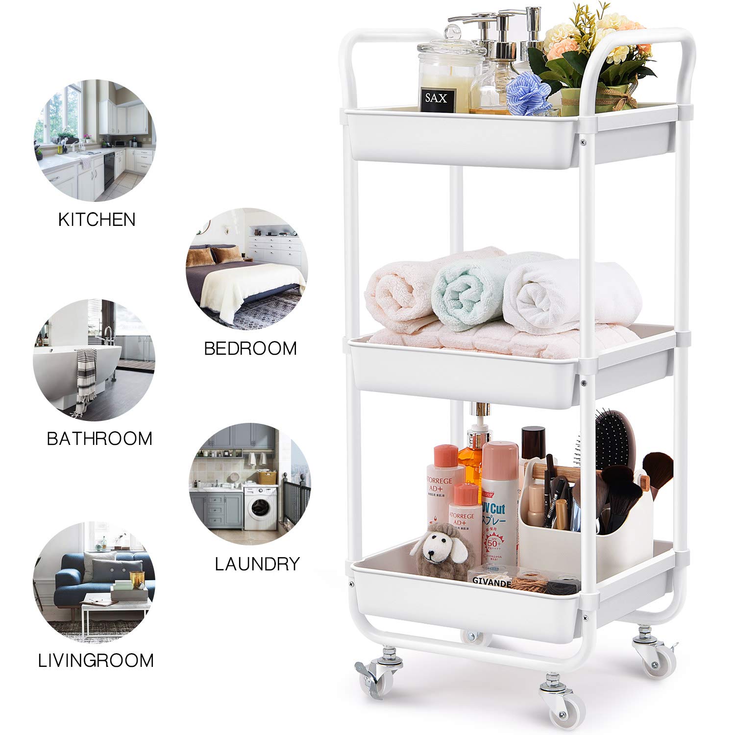 3-Tier Rolling Storage Cart with Wheels - Plastic Organizer Trolley for Kitchen, Bathroom & Living Room - Space-Saving Utility Cart for Home Organization, Groceries & Cleaning Supplies