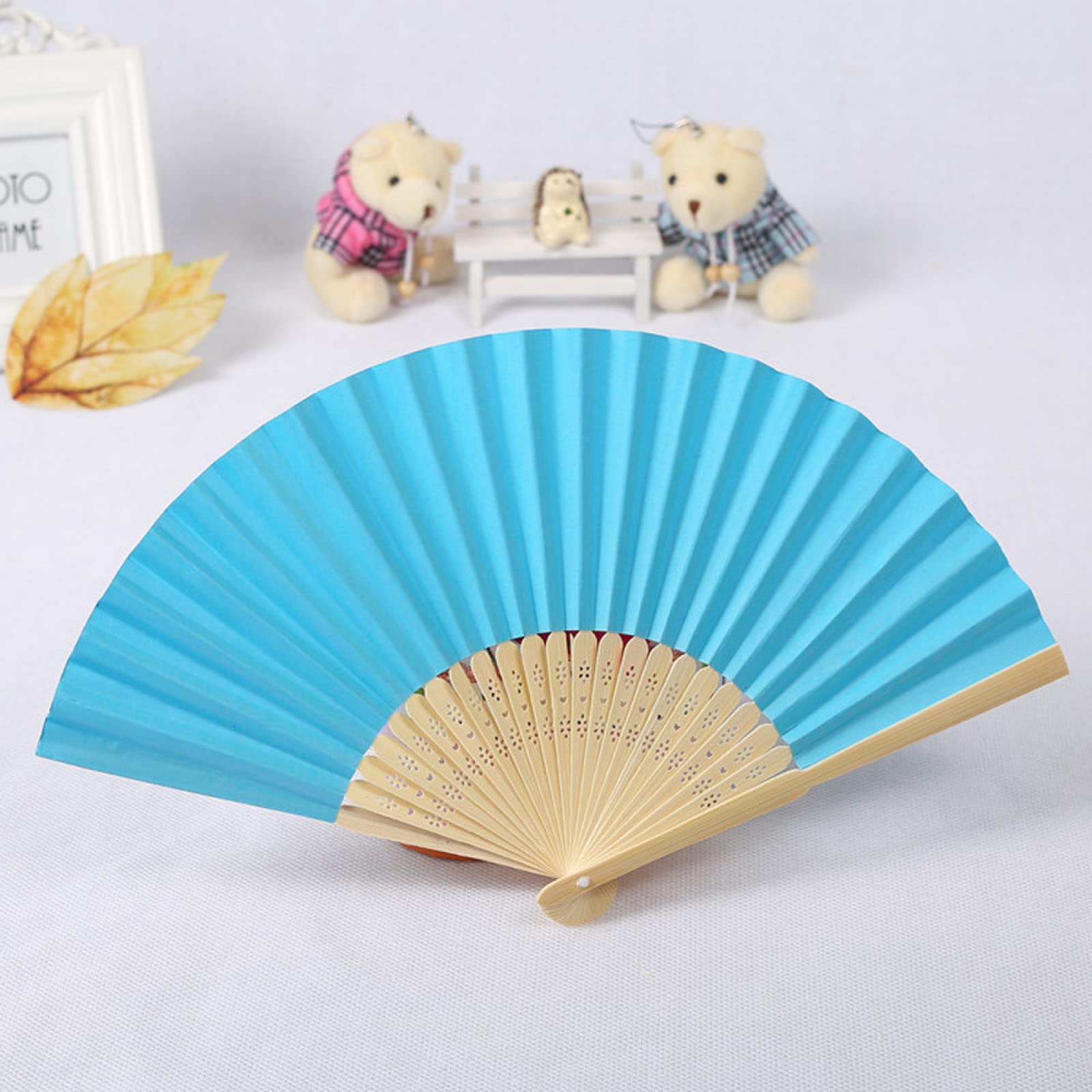 7 Inch Folding Paper Fan - Elegant Lace Silk Handheld Fan for Wedding, Dance & Party - Blue Solid Color Gift for Bridesmaids, Performers & Guests - Perfect for Summer Cooling, Photo Props & Cultural Events