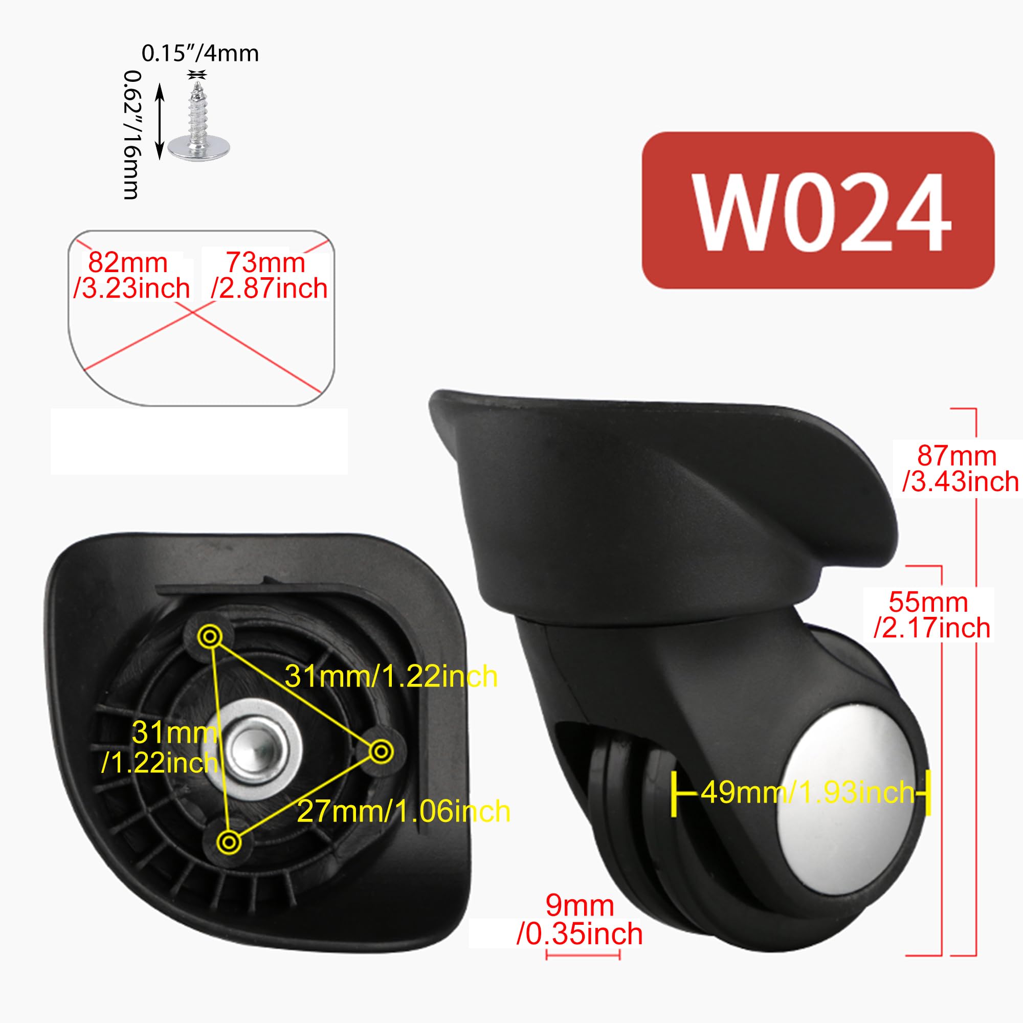 BQLZR Black Spinner Luggage Wheels - Left & Right Plastic Swivel Caster Wheels with 3 Holes (1.22