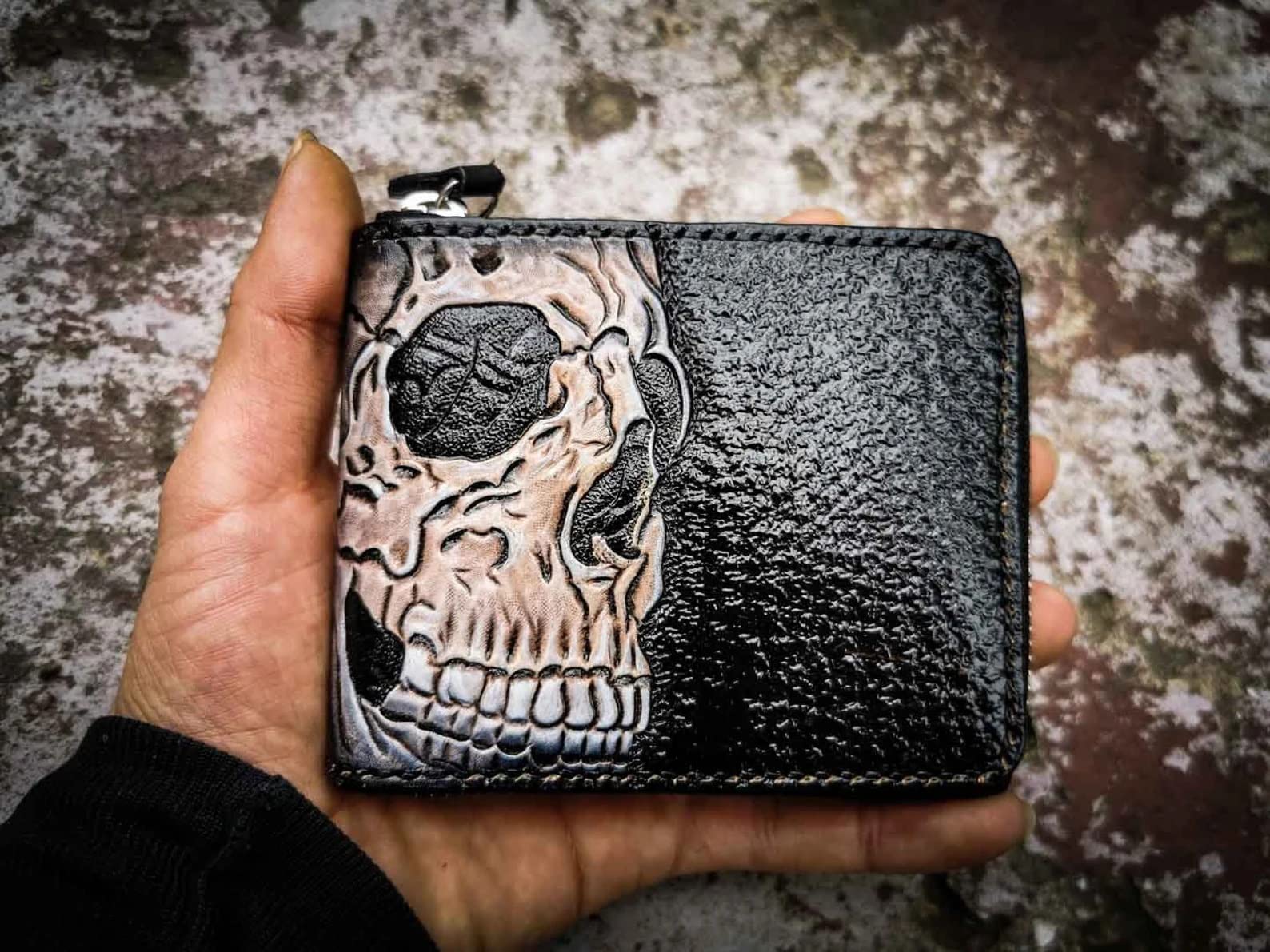 Handmade 3D Genuine Leather Skull Wallet for Men - Custom Carved & Tooled Bifold Wallet with Airbrush Art | Perfect Gift for Bikers, Rock Fans & Unique Style Lovers