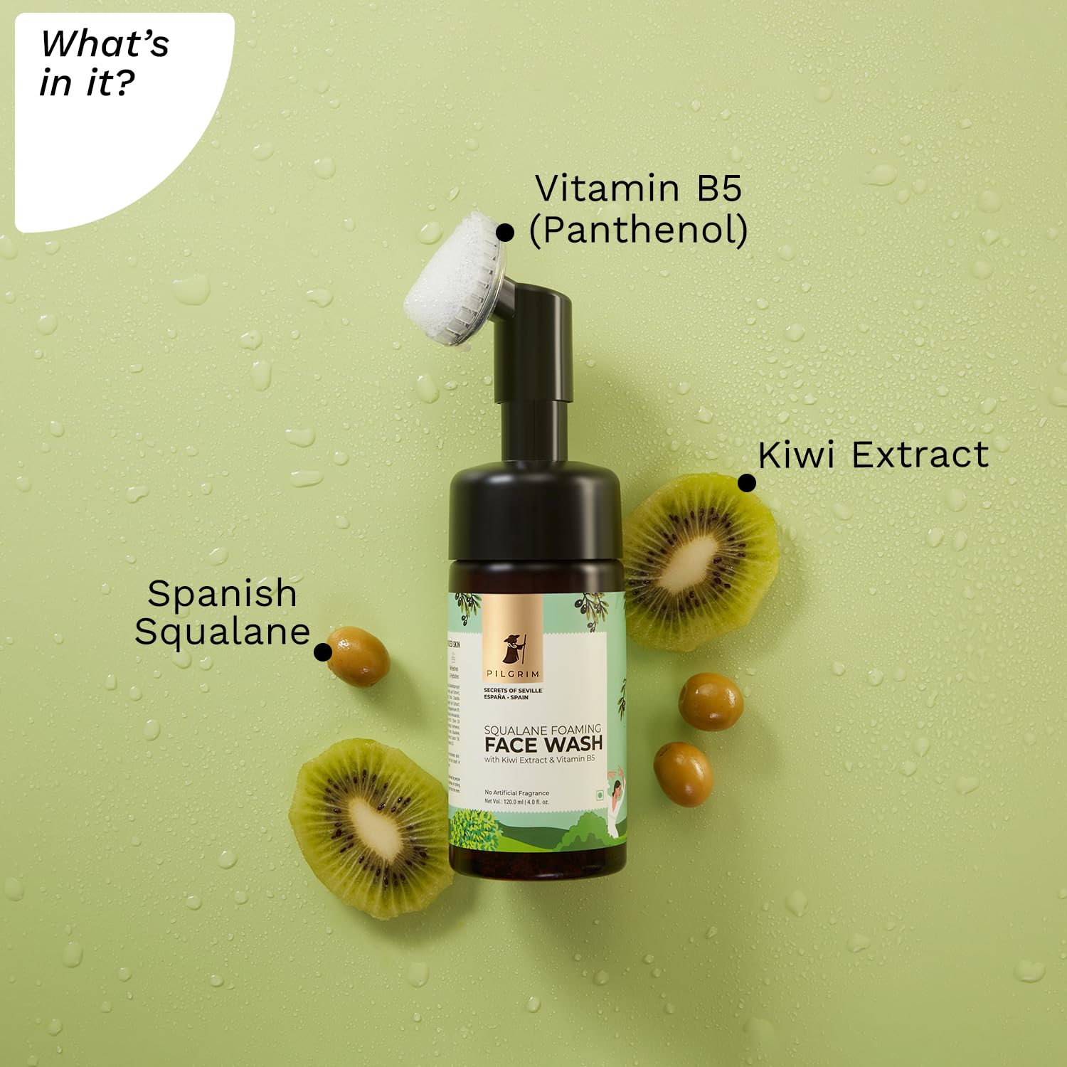 PILGRIM Spanish Squalane Foaming Face Wash with Kiwi Extracts & Aloe - Hydrating Facial Cleanser for Dry & Combination Skin | Gentle Non-Drying Formula with Brush | Suitable for Men & Women | 120ml | Perfect for Daily Skincare Routine & Travel