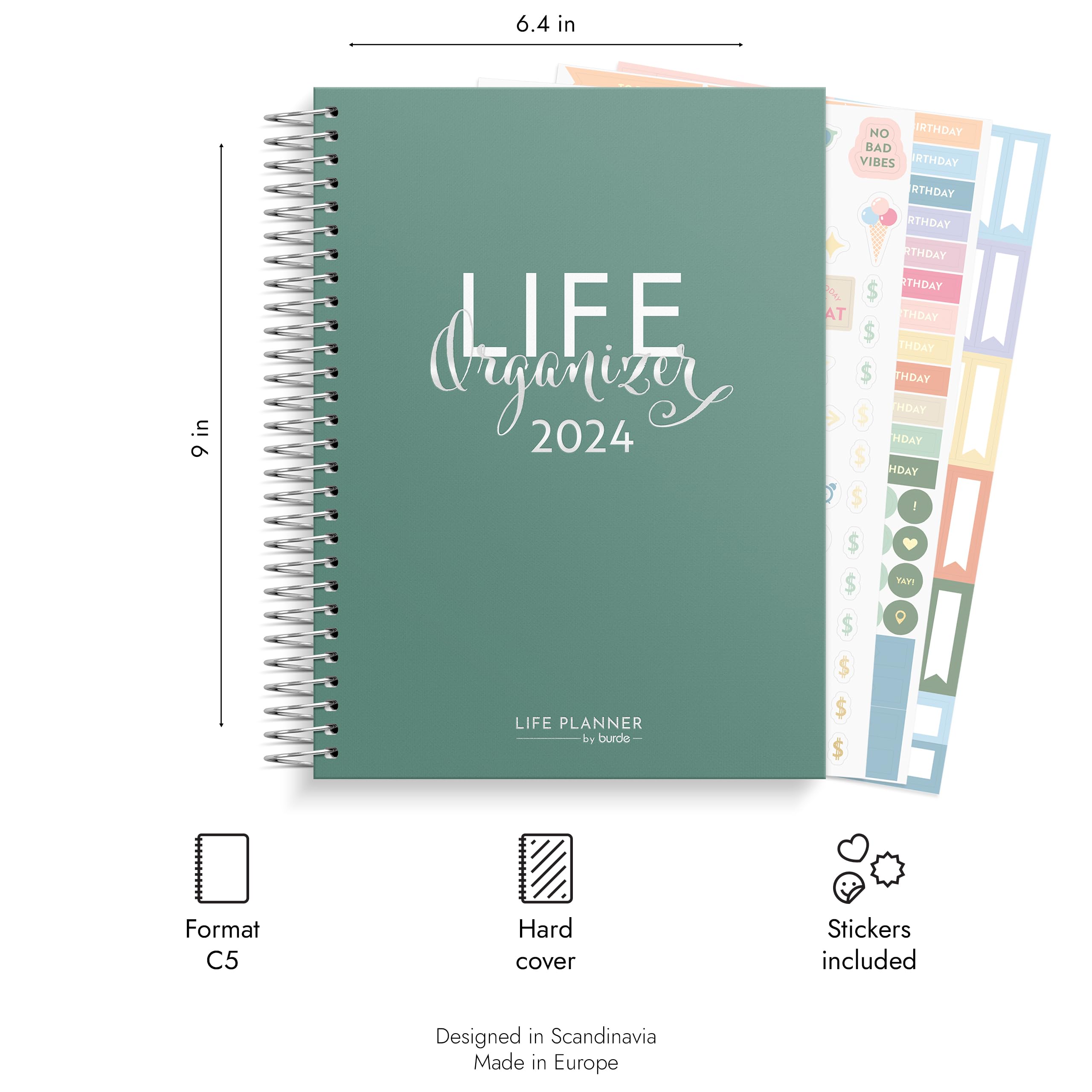 Burde Planner 2024-2025 - Green Hardcover Life Organizer with Silver Spiral Binding | Daily Weekly Monthly Planner & Scheduler | Thick Paper | Perfect for Work, School, and Personal Goal Tracking