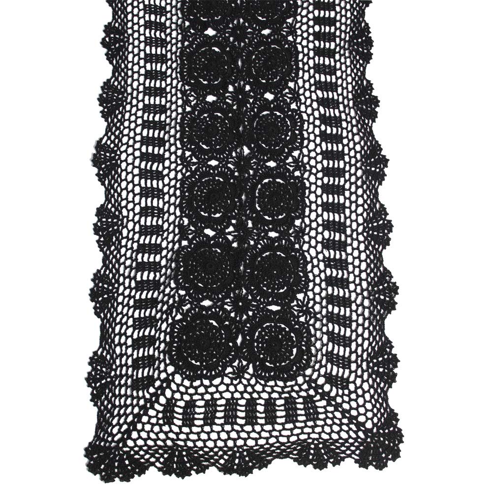 KEPSWET Handmade Cotton Crochet Lace Table Runner - 14x36 Inch Black Rectangular Coffee Table Decor for Dining Room, Wedding & Home Decoration