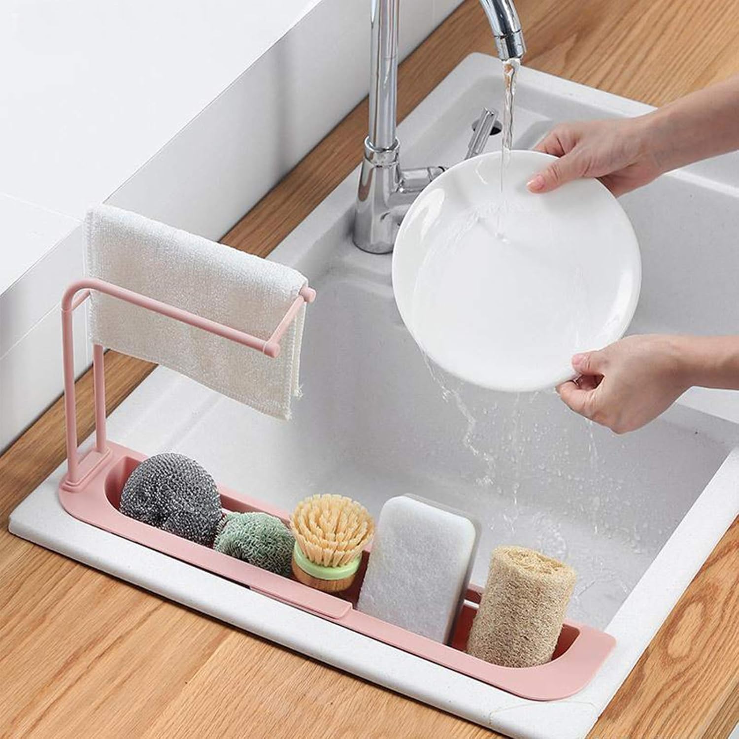 Upkaranwale Kitchen Sink Organizer Rack with Soap Holder - Pink | Space-Saving Sink Caddy for Sponges & Dish Soap | Perfect for Small Kitchens & Bathrooms