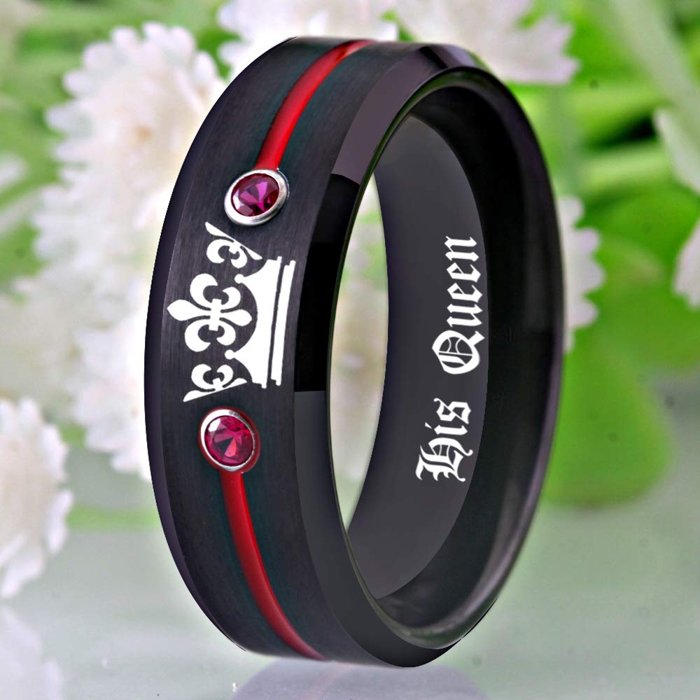 Custom Engraved His & Hers Tungsten Carbide Wedding Bands - Matching Black Promise Rings with White CZ Stones for Couples | Anniversary, Engagement, and Wedding Jewelry Gift