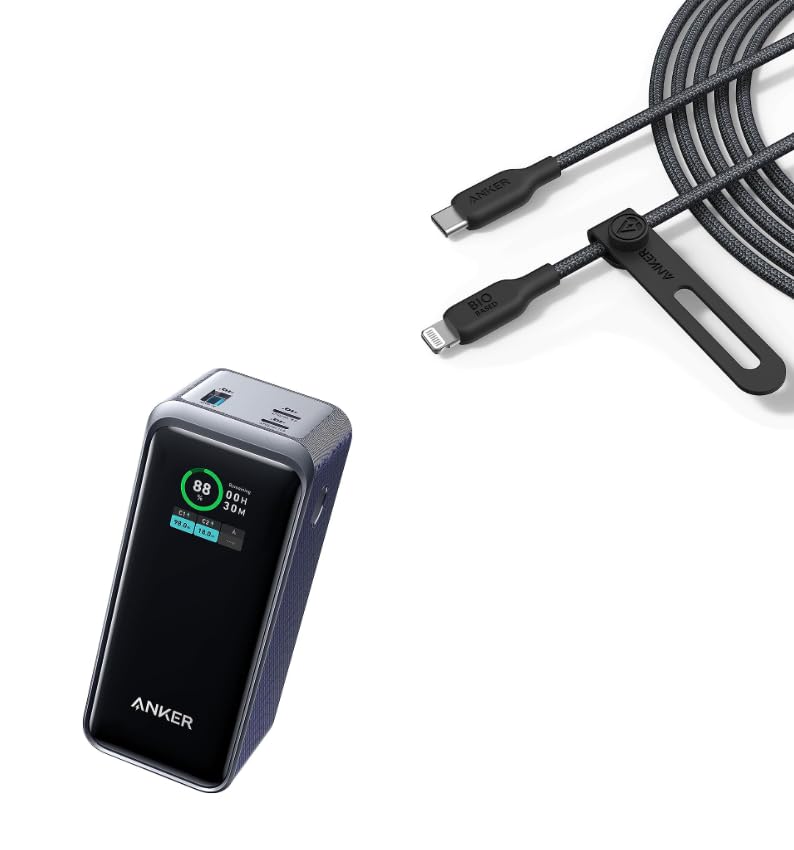 Anker USB-C to Lightning Cable 10ft - Durable 541 Bio-Nylon Fast Charging Cord (Phantom Black) | 20,000mAh Portable Power Bank with Prime Charging - Perfect for iPhone, iPad, Travel & Emergency Power Backup