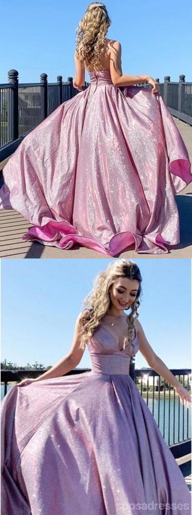 Elegant Pink A-Line Spaghetti Strap V-Neck Long Prom Dress for Party, Homecoming, Dance & Formal Events - Style 12551