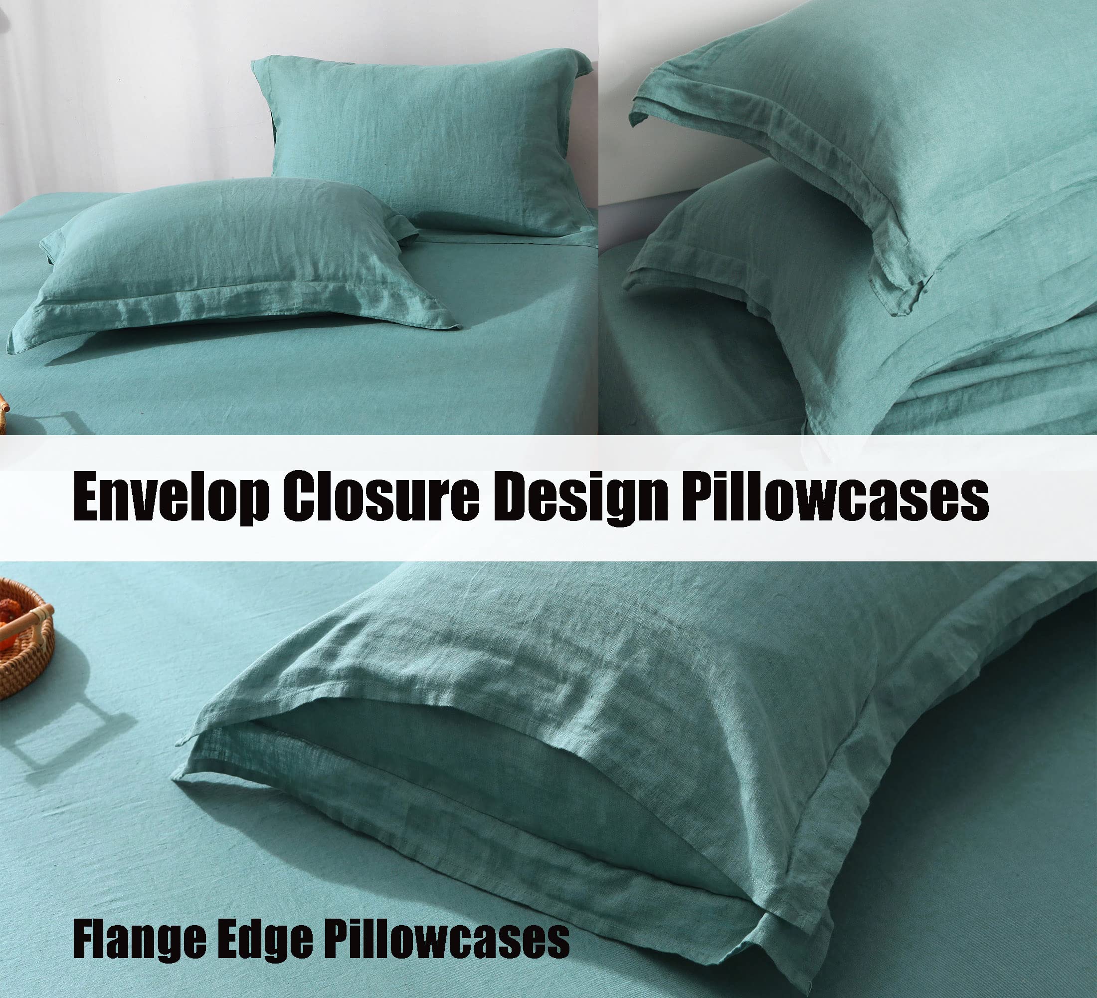 100% French Natural Linen Bedding Set - Stone Washed 4-Piece Sheet Set with Flange Pillowcases | Breathable, Durable & Hypoallergenic | Perfect for Master Bedroom, Guest Room & Vacation Homes (Full/Queen Size, Light Seagreen)
