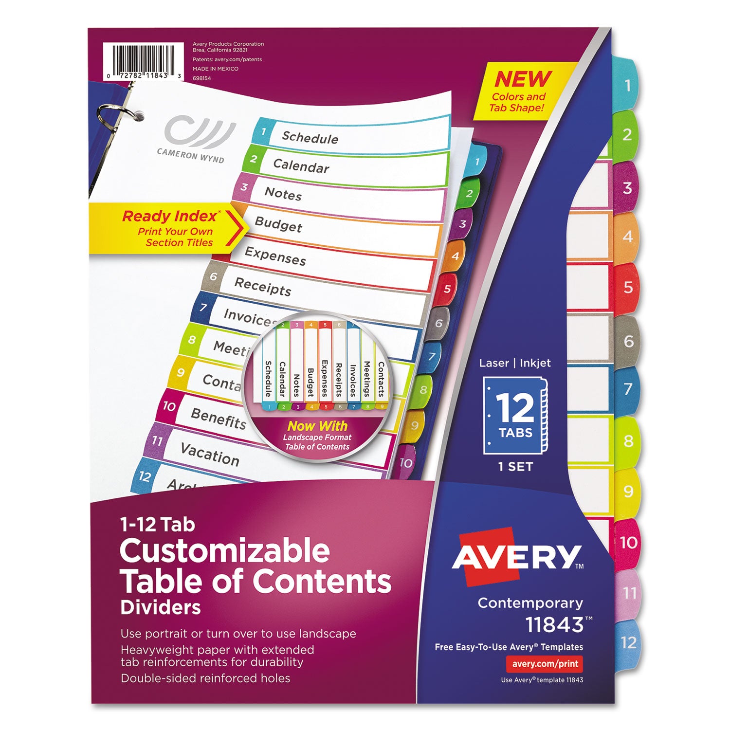 Avery Customizable TOC Ready Index Multicolor Tab Dividers - 12 Tabs (1-12), 11