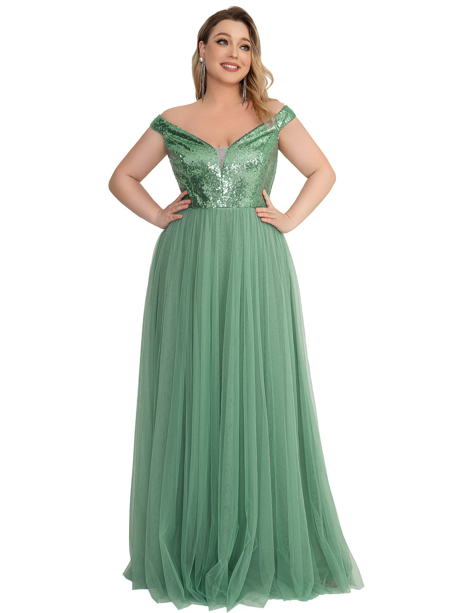 Alisapan Women's Off The Shoulder V-Neck Sequin Tulle A-Line Wedding Guest Dress 0277 - Elegant Evening Gown for Bridal Shower, Cocktail Party & Special Occasions