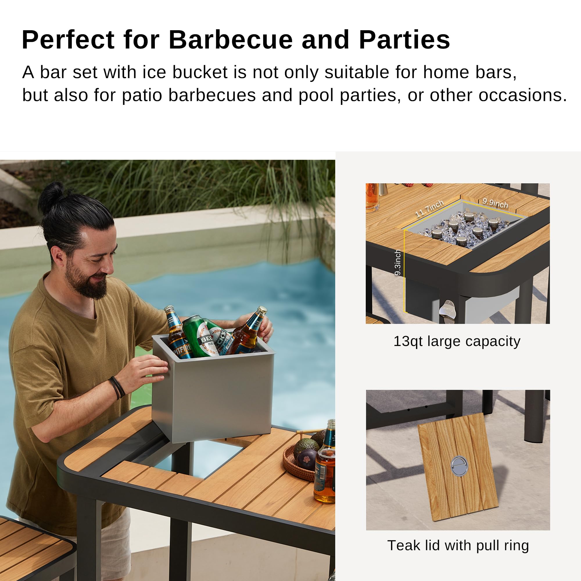 EAST OAK Signature 3-Piece Outdoor Bar Set - Teak & Aluminum High Top Table with 2 Chairs - Modern Patio Furniture for Garden, Backyard, Poolside & Balcony - Weather-Resistant Dark Grey Bistro Set for Outdoor Dining & Entertaining