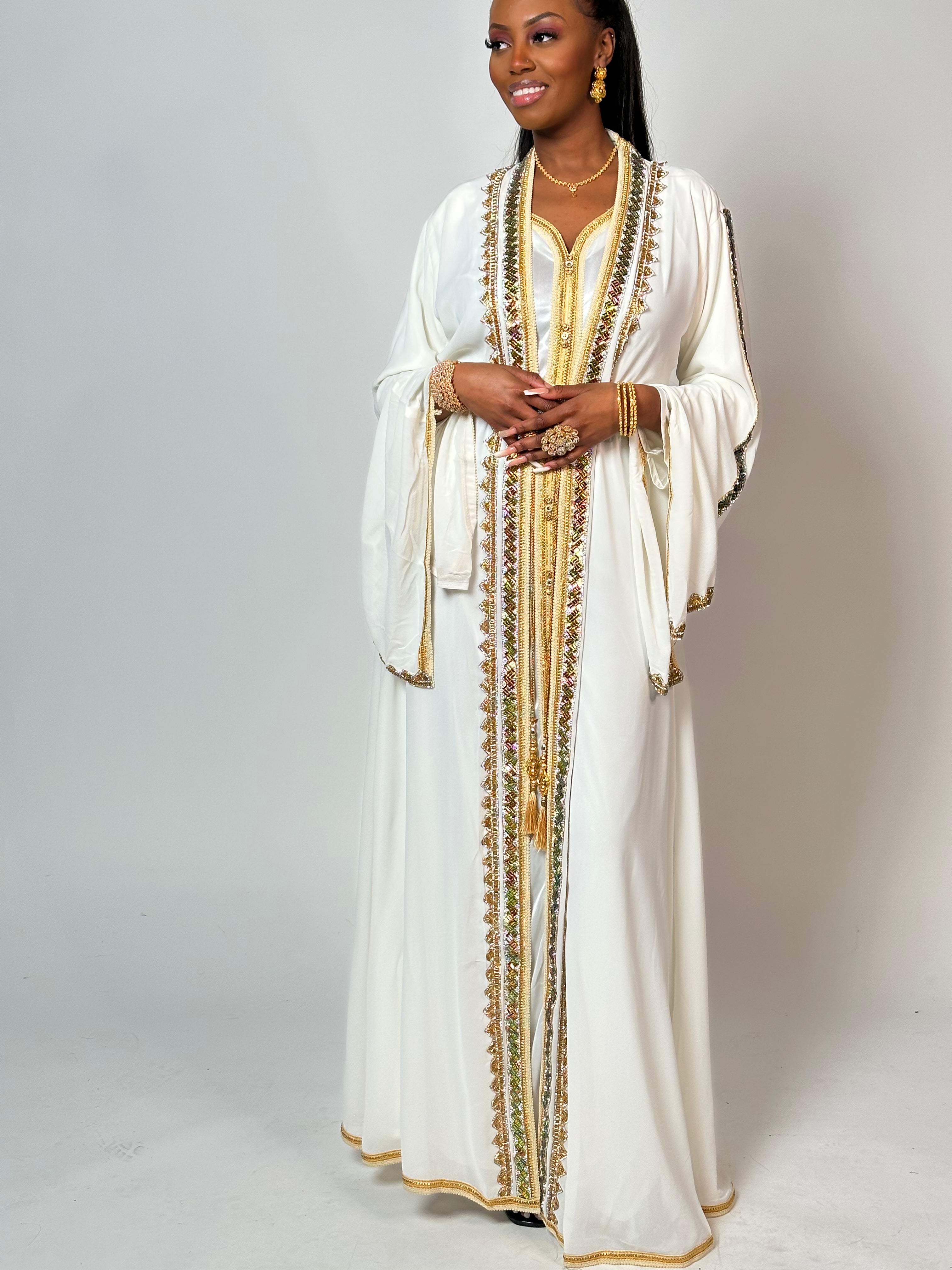 Elegant White and Gold Kaftan Dress for Women - Boho Chic Beach Cover Up, Pool Party, Summer Vacation & Resort Wear