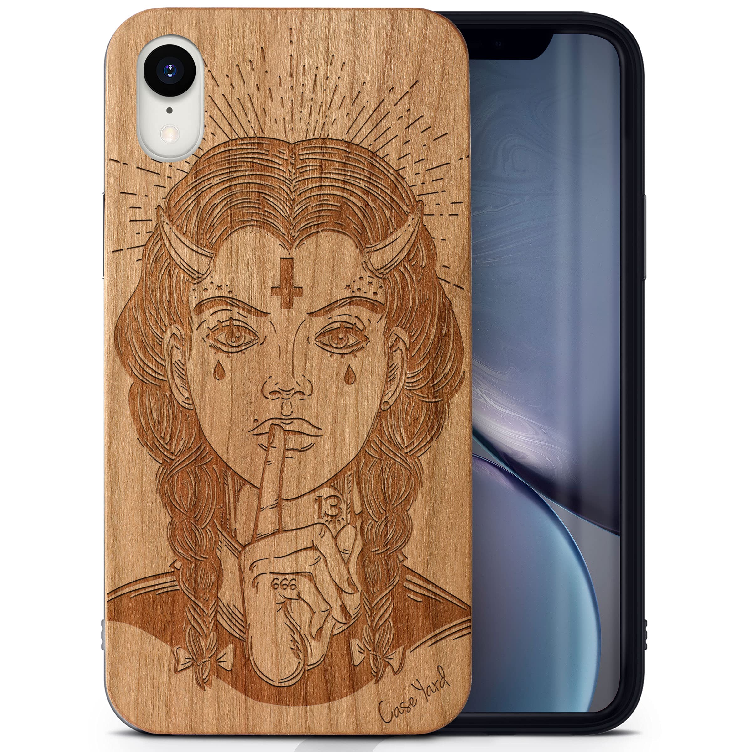 CaseYard Cherry Wood iPhone XR Case - Laser Engraved Demon Girl Design | Slim Fit Shockproof Protective Cover for Men & Women | Perfect for Daily Use, Travel & Gift Giving