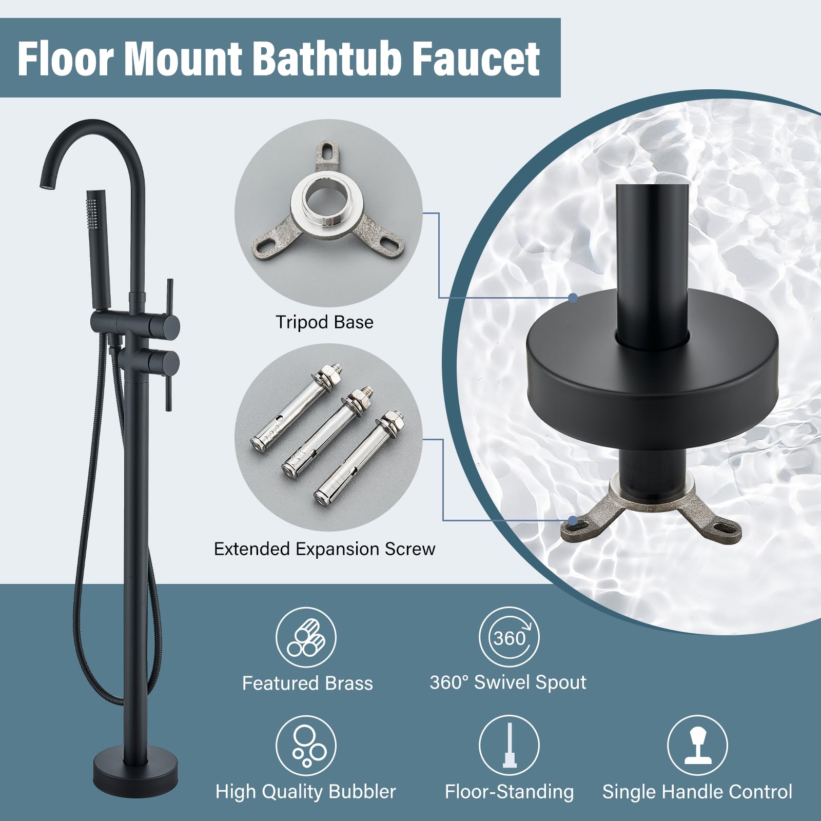NeierThodore Matte Black Freestanding Bathtub Faucet - Floor Mount Tub Filler with 2 Handles & Hand Shower Sprayer - Modern Bathtub Shower Mixer Tap for Luxury Bathroom & Spa Experience