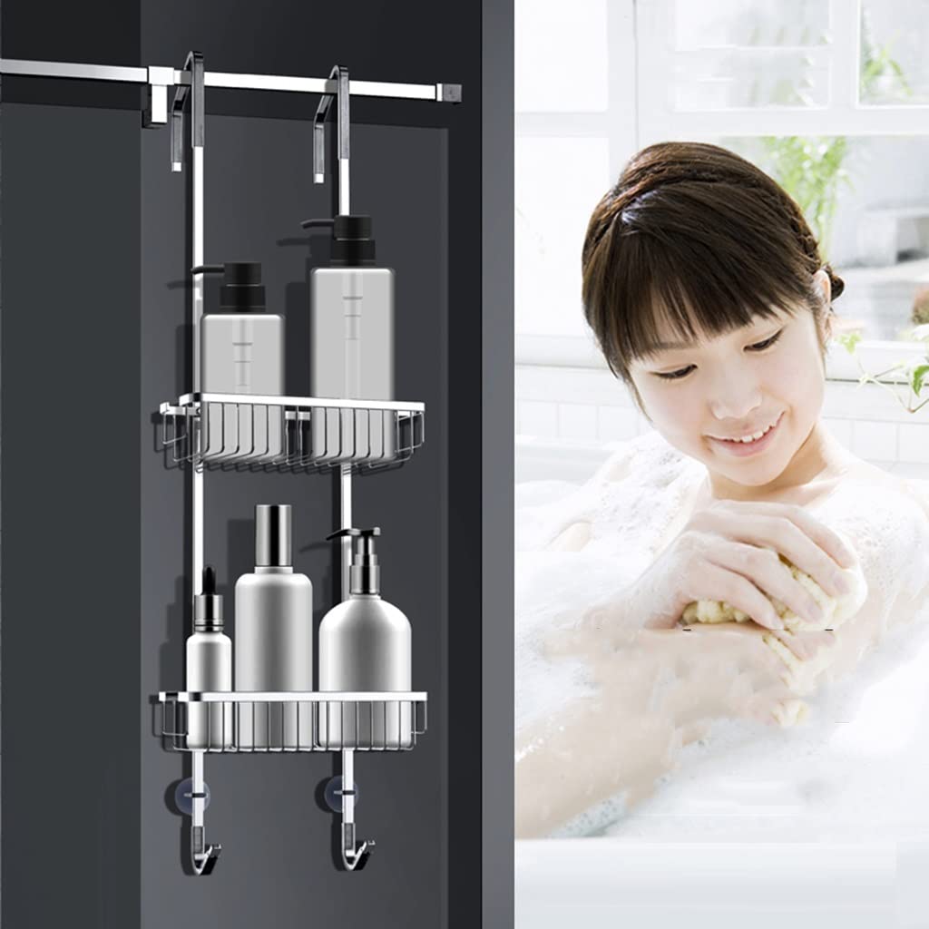Stainless Steel Over Shower Door Organizer - 2-Tier Hanging Bathroom Storage Caddy with Built-in Hooks & Baskets for Shampoo, Body Wash, Soap (26.5 x 88cm, Silver) - Perfect for Small Bathrooms & Apartment Showers