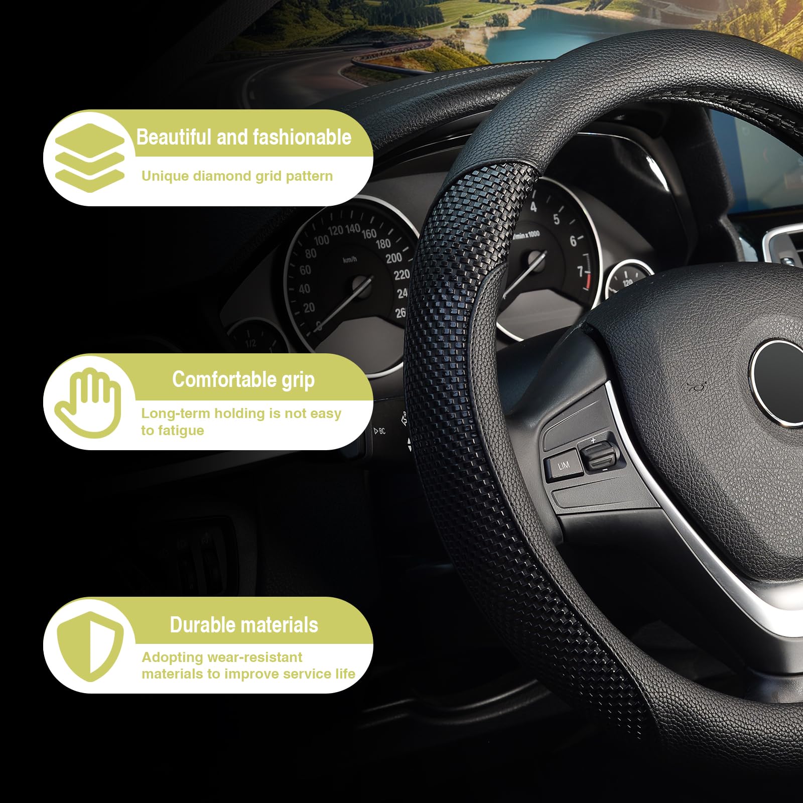 LABBYWAY Universal 15 Inch Microfiber Leather Steering Wheel Cover - Anti-Slip, Black | Perfect for Cars, Trucks & SUVs | Comfort Grip & Driving Safety