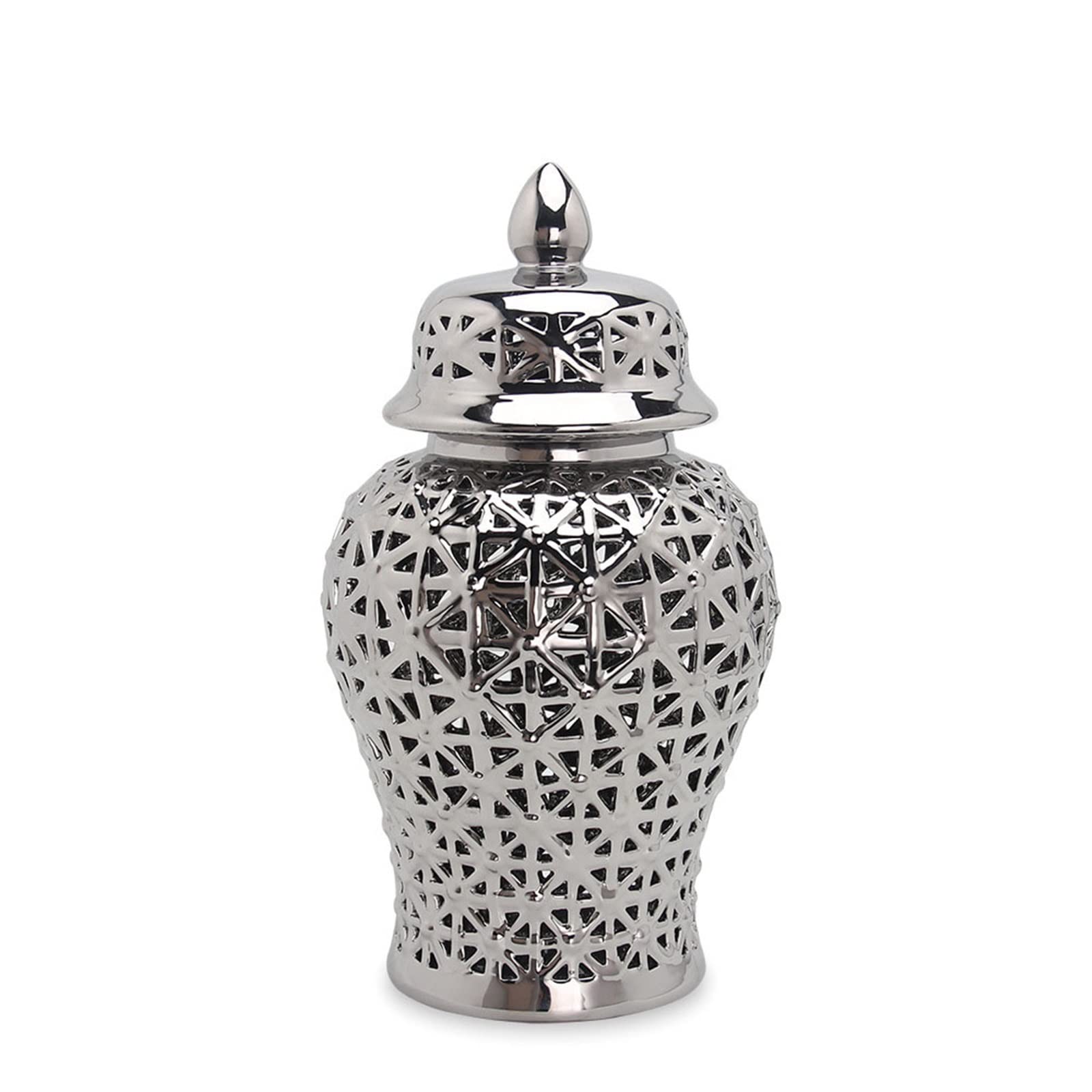 Large Gold Ginger Jar - Elegant Pierced Ceramic Vase with Carved Lattice Design & Lid - Temple Jar for Wedding Centerpieces, Home Decor, Living Room & Dining Table Decoration