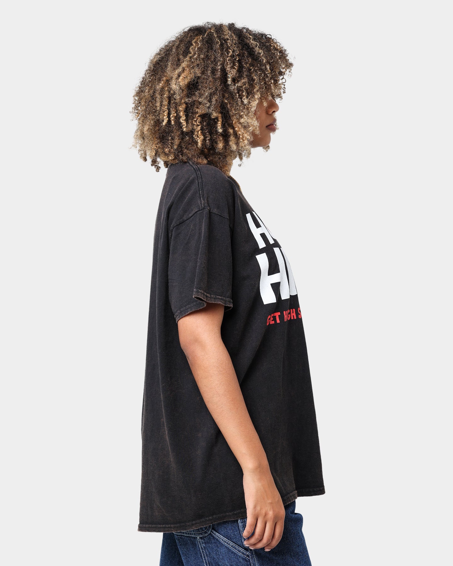 American Thrift X 420 How High Vintage Washed Black T-Shirt | Retro Cannabis Culture Tee for Music Festivals & Casual Streetwear
