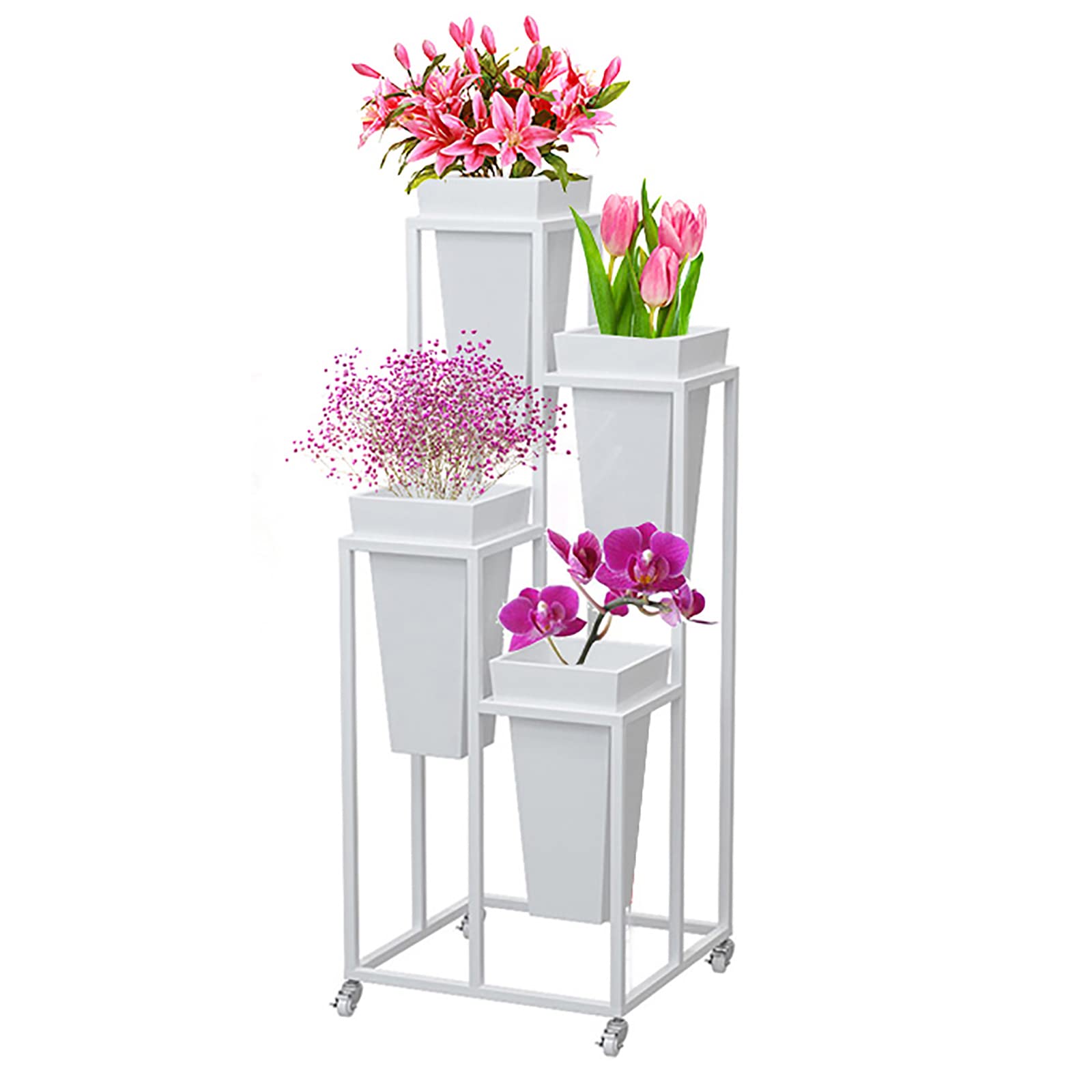 Decorative Metal Flower Display Stand with Buckets - Indoor/Outdoor Plant Shelf for Potted Plants, Florist Planter Holder - Perfect for Garden, Living Room, Balcony & Home Decor