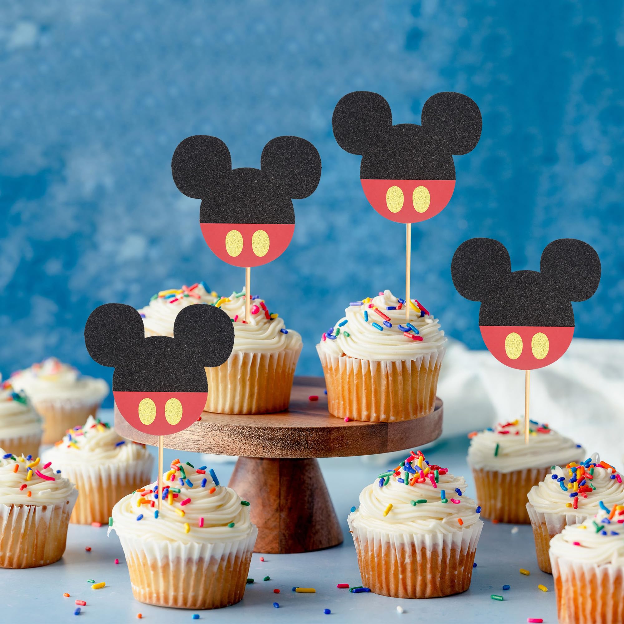 24Pcs Mouse-Inspired Cupcake Toppers with Bow - Black Red Glitter Mouse Cake Decorations for Baby Showers, Weddings & Kids Birthday Parties - Perfect for Themed Desserts, DIY Baking & Party Supplies