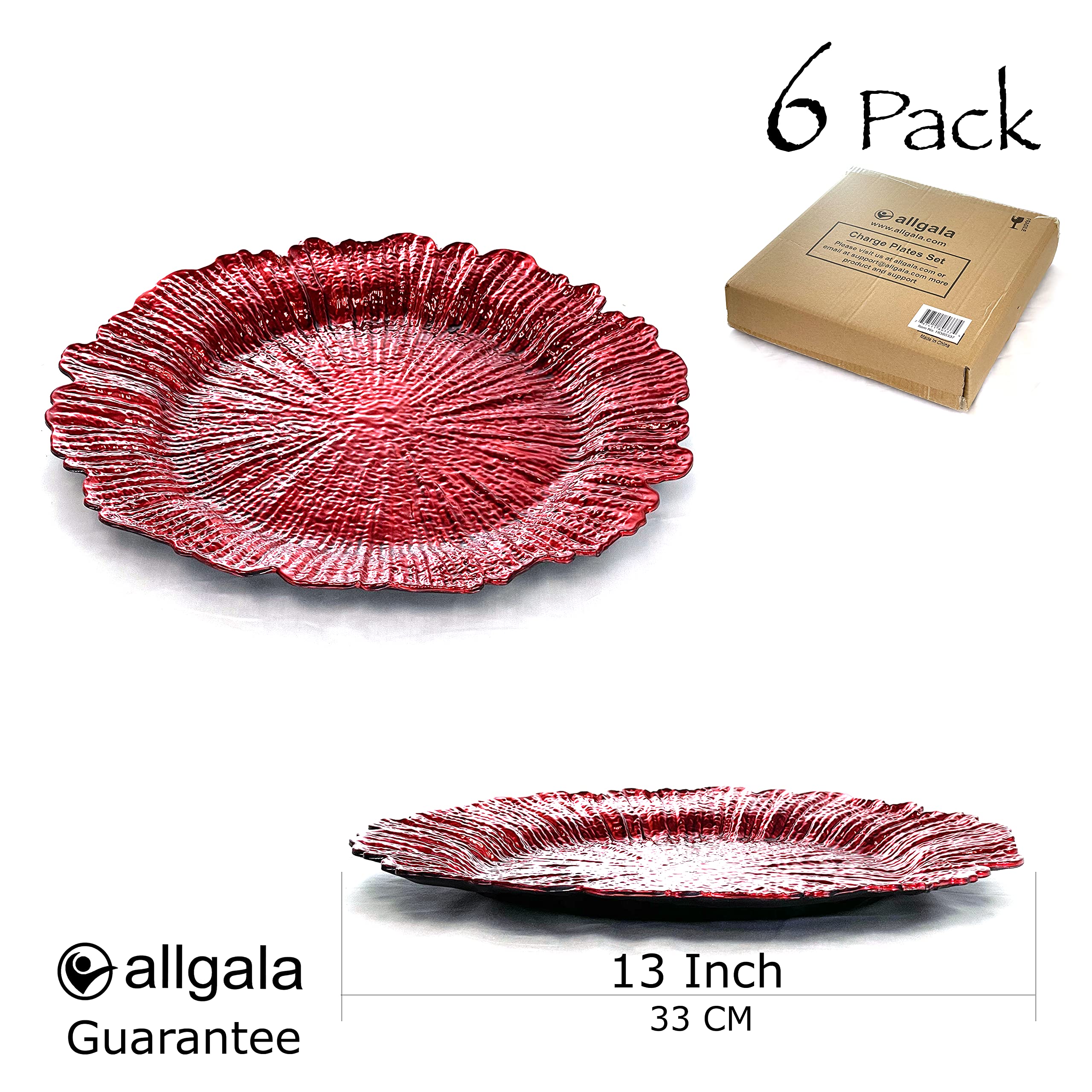 Allgala 13-Inch 6-Pack Premium Heavy Duty Round Charger Plates - Reef Red (HD80339) for Elegant Dinner Parties, Weddings & Holiday Table Settings