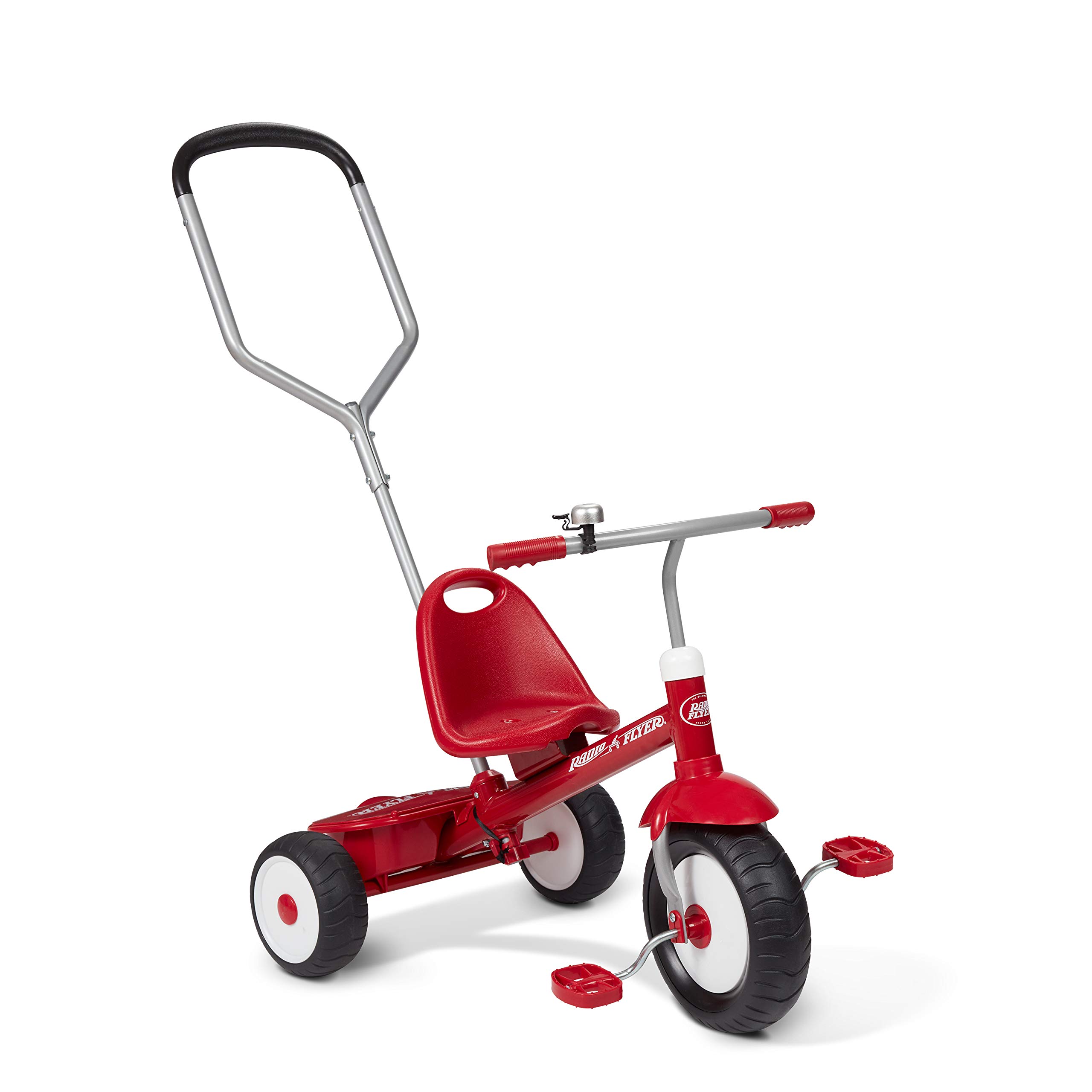 Radio Flyer Deluxe Steer & Stroll Kids Tricycle for Toddlers Age 2-5 | Adjustable Seat & Parent Push Handle | Red Ride-On Toy for Outdoor Play & Learning Balance | Perfect for Park Rides, Backyard Fun & Early Childhood Development