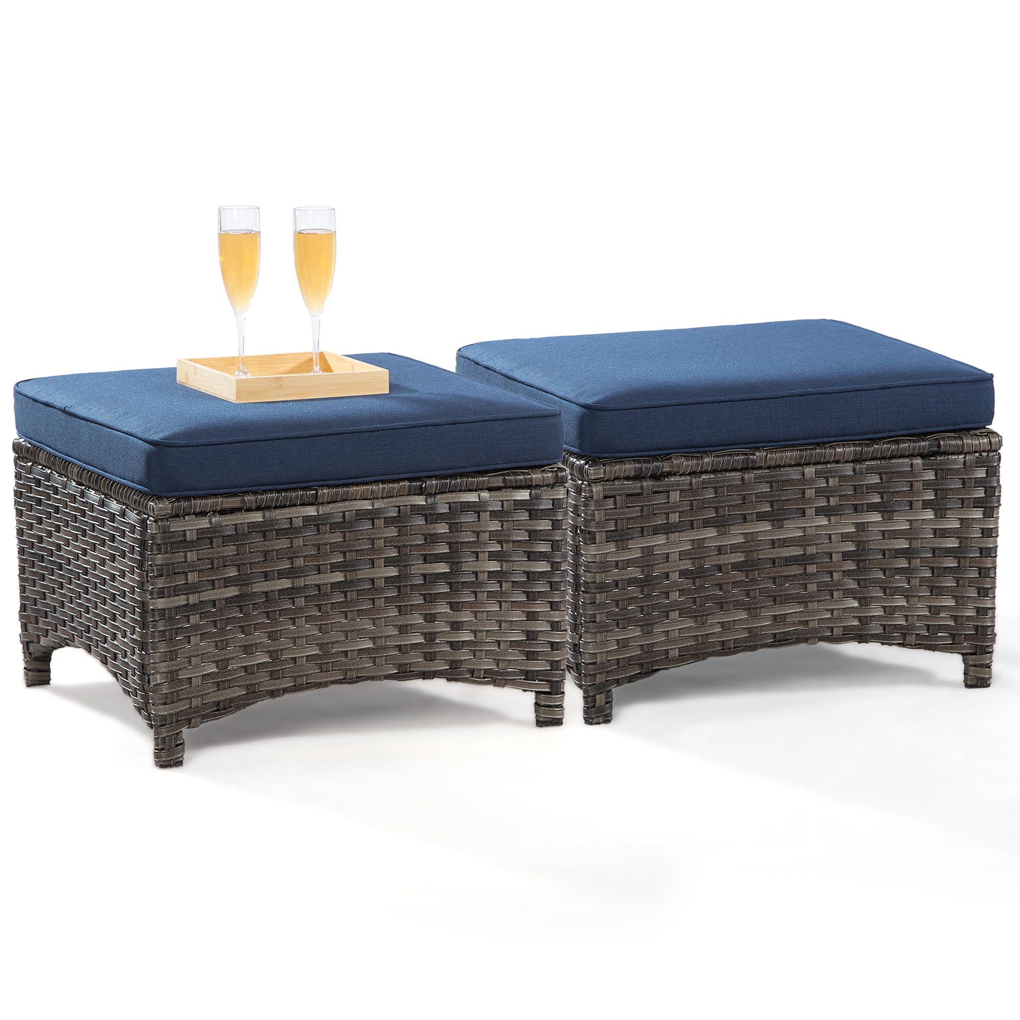 Joyside 2-Piece Outdoor Ottomans Set - PE Wicker Steel Frame Footstool with Removable Olefin Cushions - Blue Patio Furniture for Garden, Backyard, Deck & Poolside Relaxation