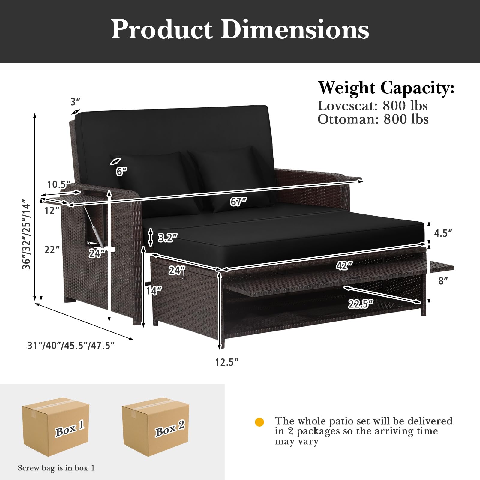 Tangkula Outdoor Rattan Daybed Set with Adjustable Backrest, Wicker Loveseat Sofa, Ottoman & Side Tray - Patio Furniture for Garden, Poolside, Balcony (Black) - Includes Storage Footstool & Cushions