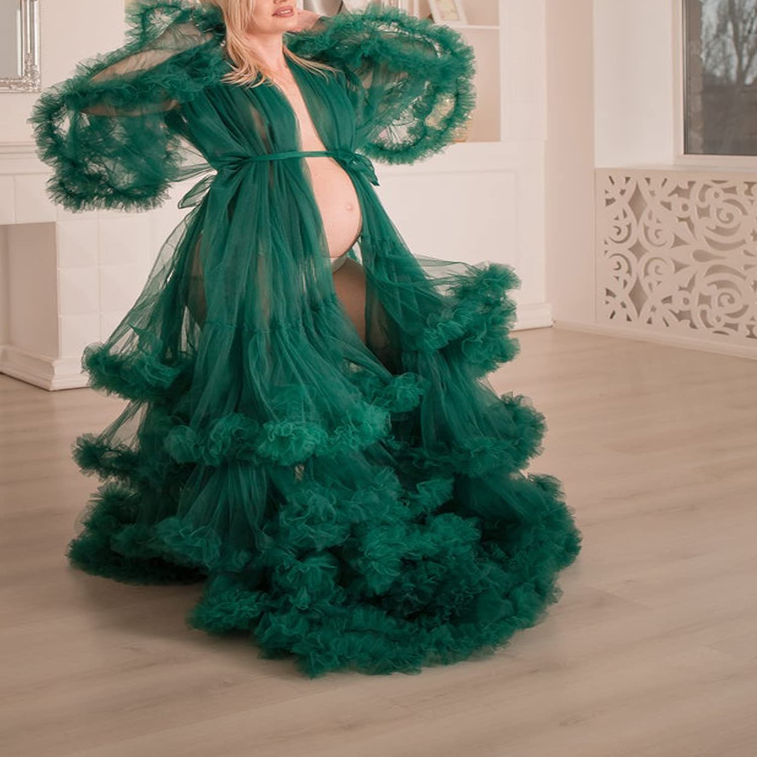 Elegant Long Tulle Robe Dress for Women - Maternity Nightgown, Bathrobe & Sleepwear Gown - Perfect for Pregnancy Photoshoot, Bridal Shower, Boudoir & Special Occasions