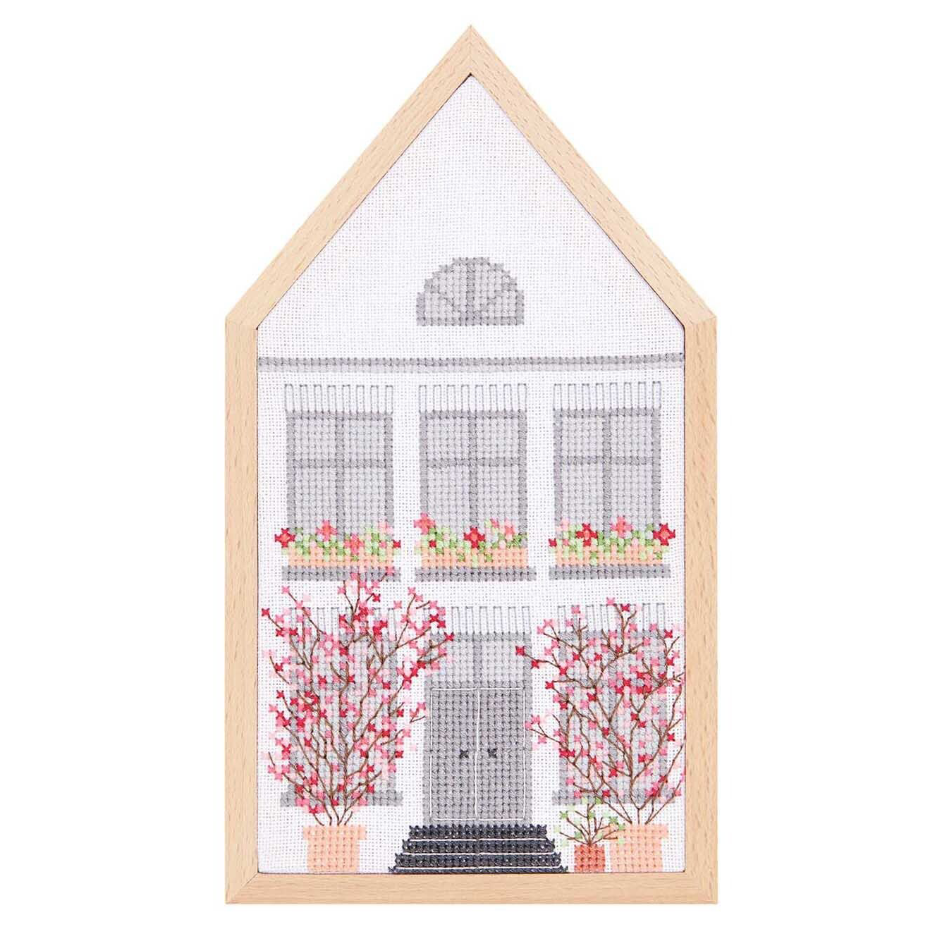 Spring House Cross Stitch Kit with Frame - Complete Embroidery Starter Set for Beginners, DIY Home Decor & Wall Art - Perfect for Relaxation, Gifts & Craft Projects
