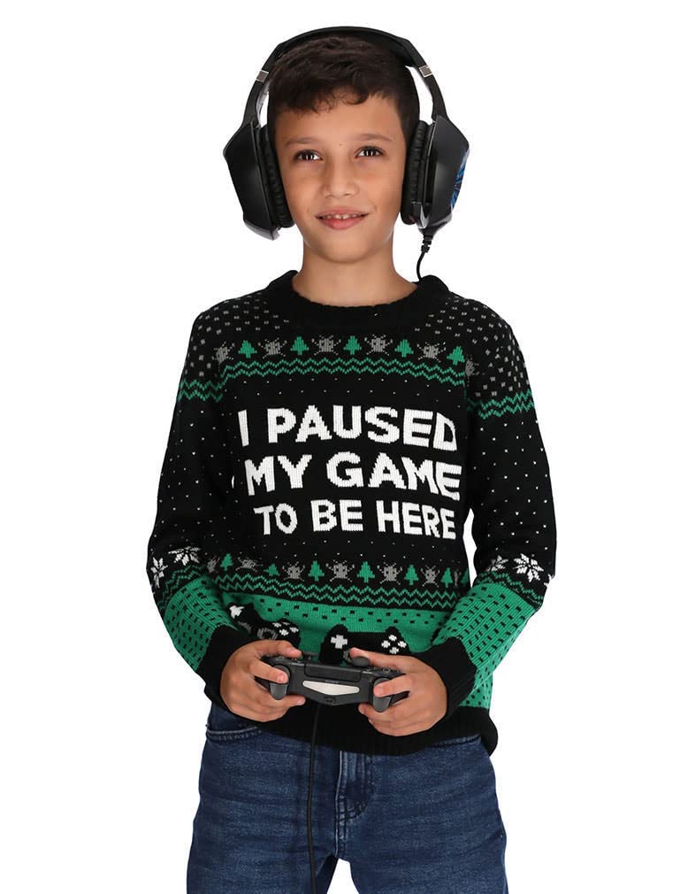 Funny Gamer Ugly Christmas Sweater for Kids & Teens - Best Holiday Gift for Young Gamers - 'I Paused My Game to Be Here' Design - Perfect for Christmas Parties, Gaming Events & Festive Family Gatherings