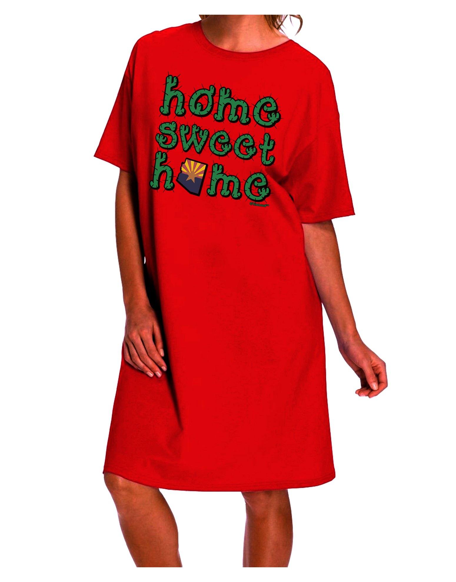TooLoud Home Sweet Home Arizona Cactus & State Flag Women's Short Sleeve Nightshirt Dress - Cozy Sleepwear for Women, Perfect for Lounging at Home or Summer Nights