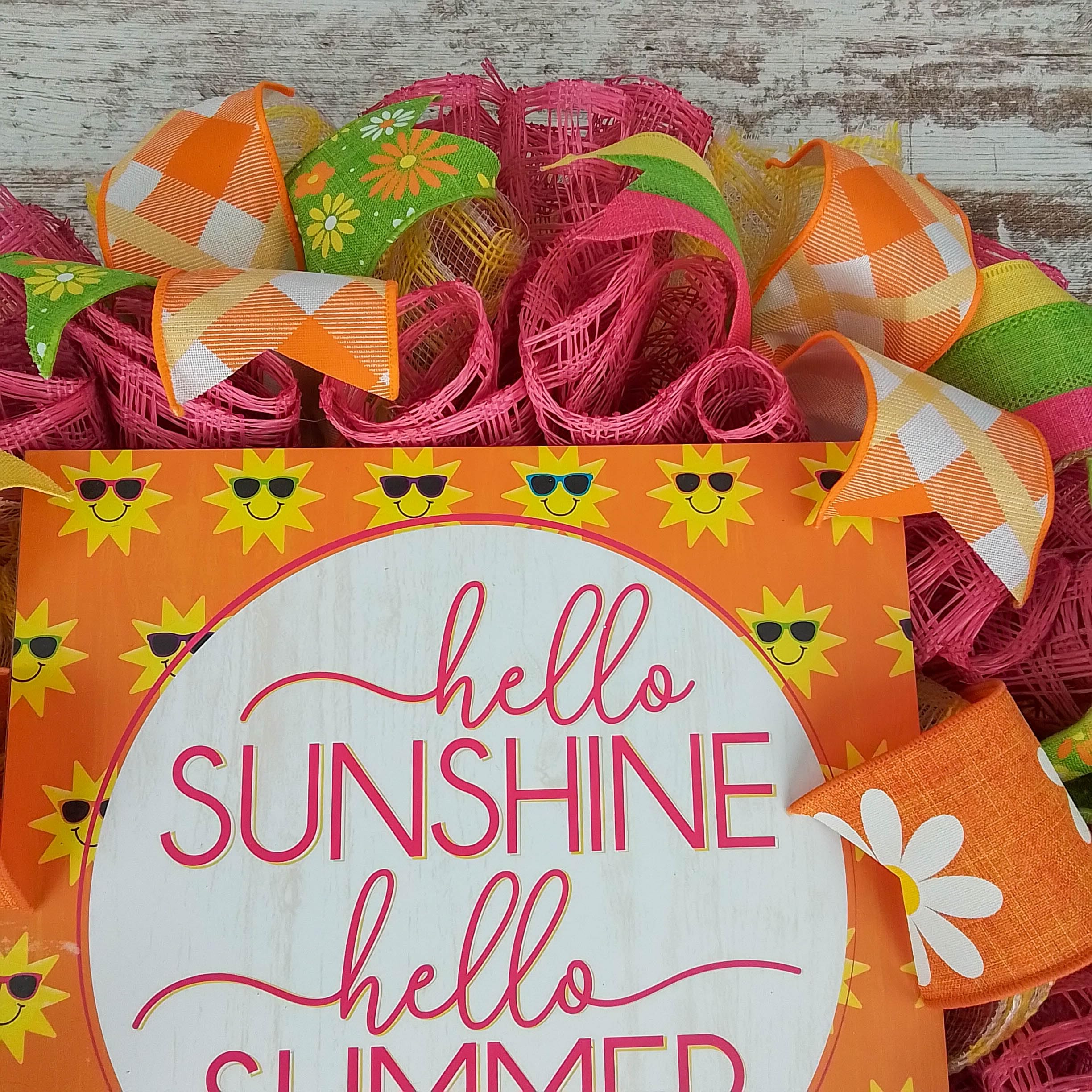 Hello Sunshine Summer Wreath - Vibrant Yellow Pink Green Orange Beach Mesh Door Decoration for Front Porch, Patio & Summer Home Decor