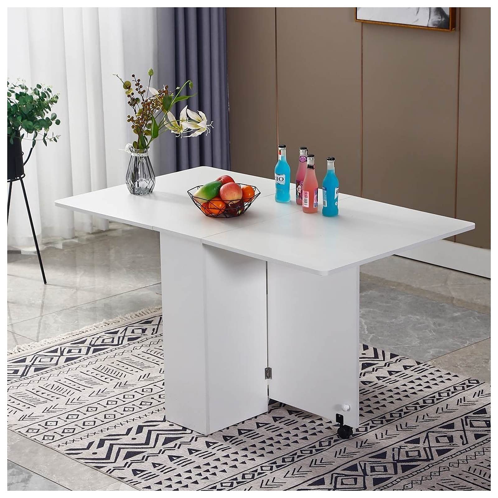 Foldable Wooden Dining Table with Wheels & Storage - Space Saving Kitchen & Living Room Table - White - Perfect for Small Apartments, Dorms & Compact Spaces