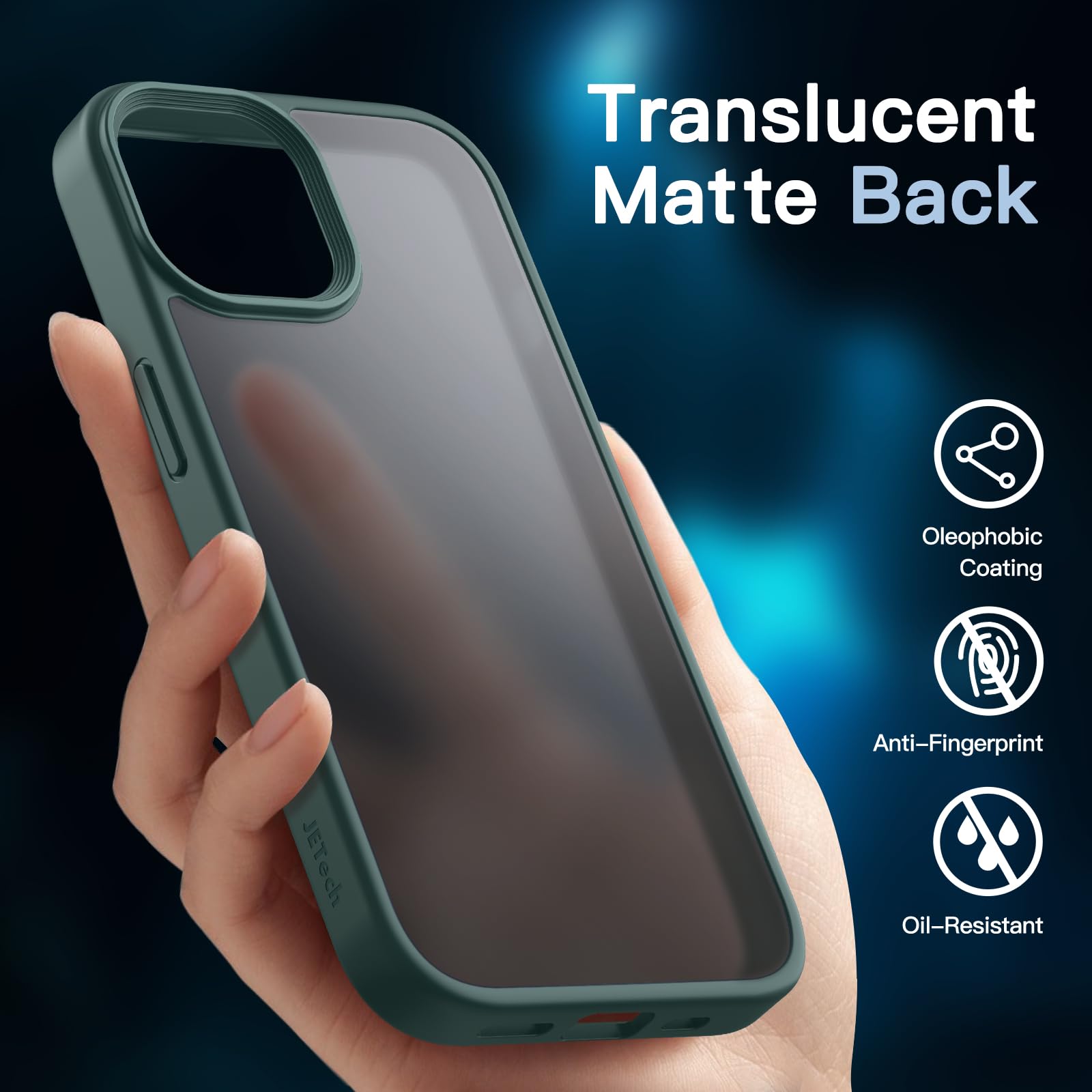 JETech 5 in 1 Matte Case for iPhone 15 Plus 6.7-Inch | 2-Pack Tempered Glass Screen Protector & Camera Lens Protector | Shockproof Translucent Back Cover (Dark Green) | Perfect for Daily Use, Travel & Outdoor Protection