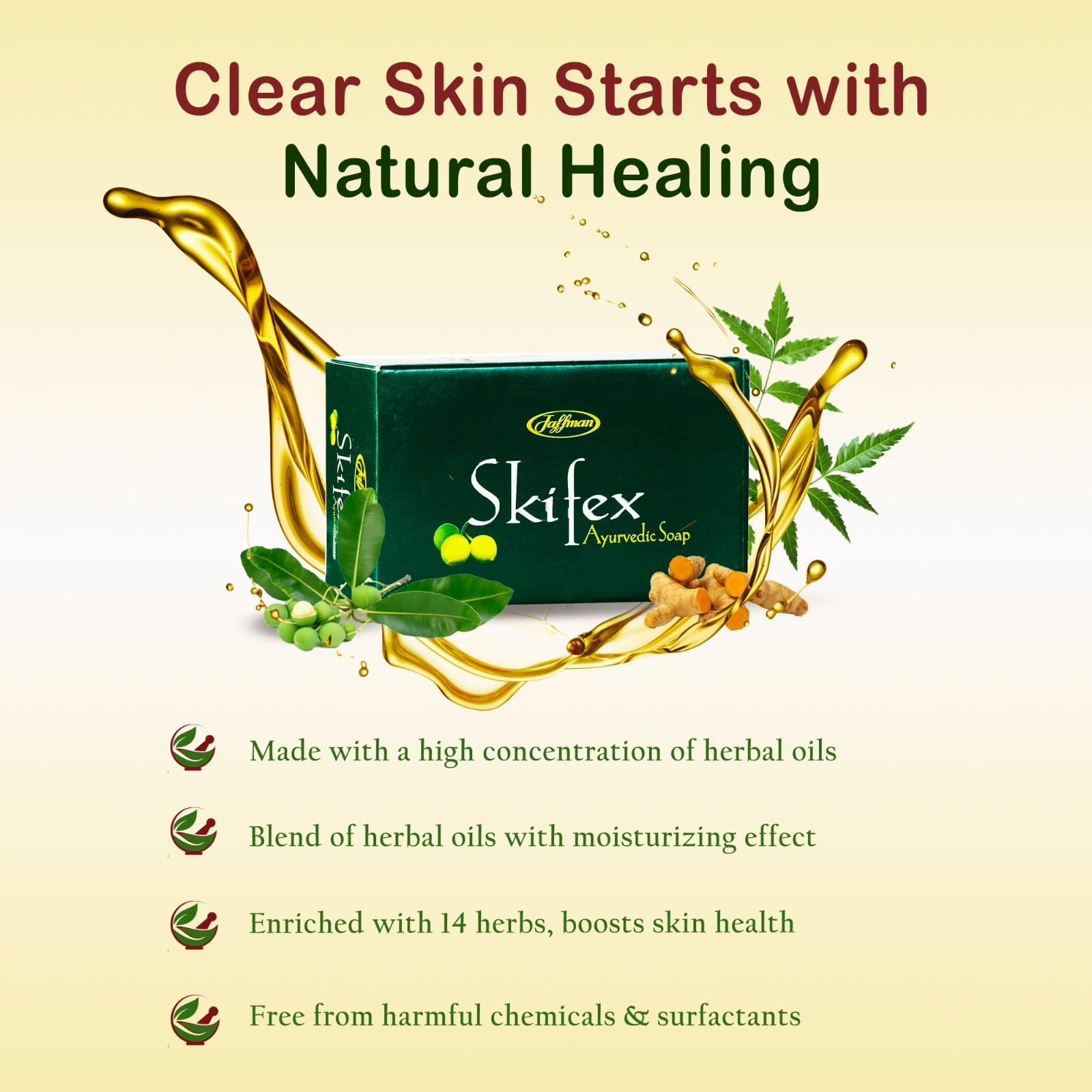 Jaffman Skifex Ayurvedic Soap with Turmeric, Tamanu Oil & Neem Oil - Paraben & Sulfate Free Natural Skin Care Soap for Acne, Eczema & Dry Skin - Pack of 1 Bar - Perfect for Daily Face & Body Cleansing Routine