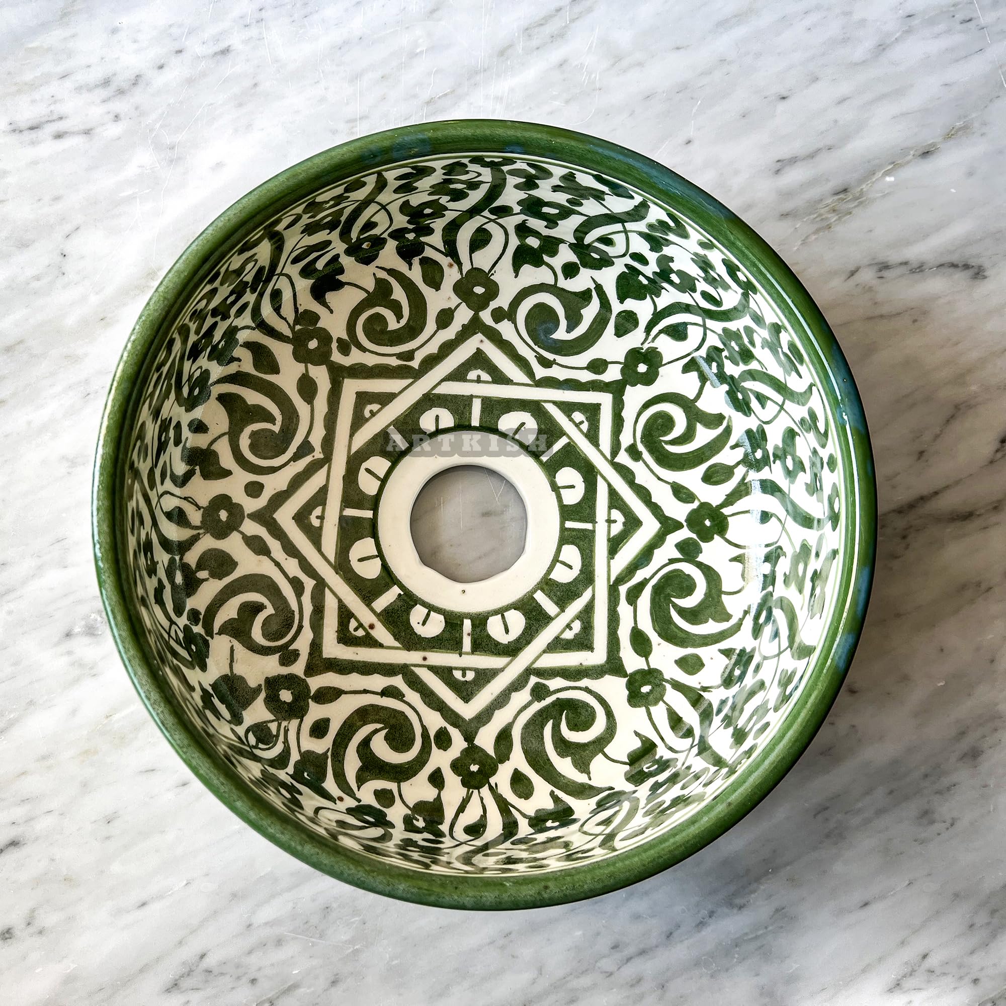 Handmade Ceramic Vessel Sink - 10 Inch Round Undermount Bathroom Sink with Moroccan Hand-Painted Design, Black Countertop Vanity Basin for Modern & Rustic Bathrooms, Salon Spa Washbasin
