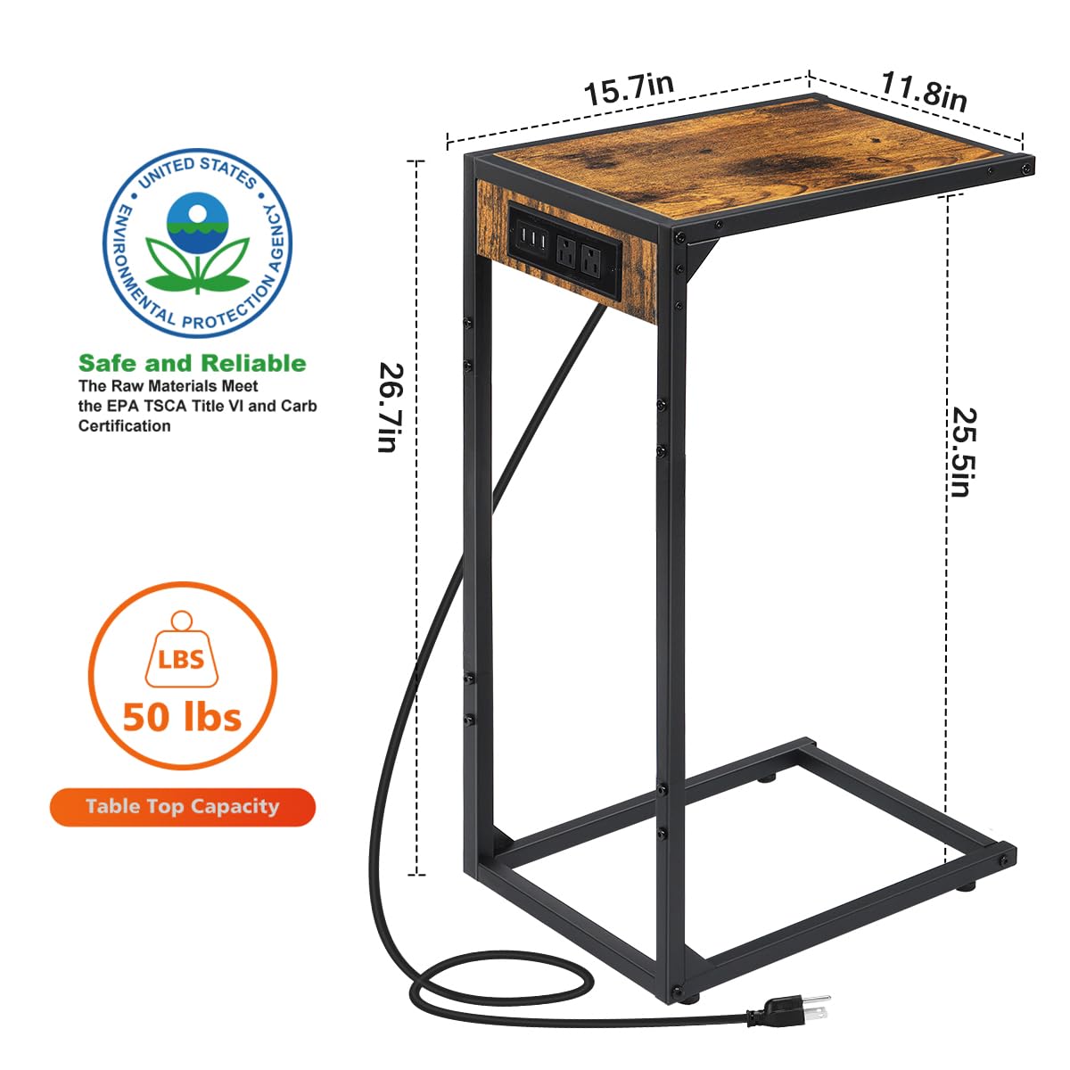 2-Piece C-Shaped End Table Set with USB Charging Station & Power Outlets - Snack Side Table for Couch, Living Room & Bedroom - Space-Saving Slide-Under Design (Brown) - Perfect for Small Spaces, Movie Nights & Charging Devices