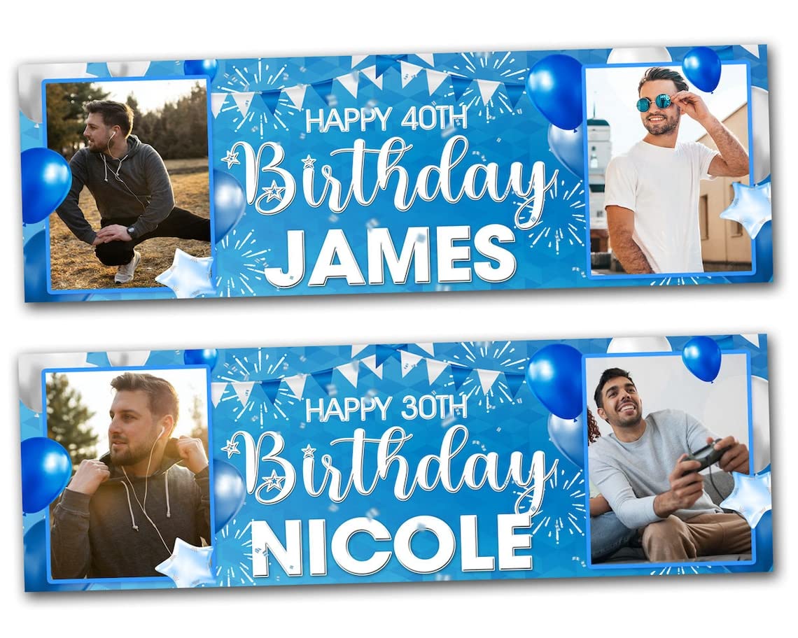 Custom Photo Birthday Banner for Men - Blue Party Decoration with Balloons for 18th 20th 30th 40th 50th Birthday Celebrations | Perfect for Anniversaries, Milestone Parties & Gift Giving