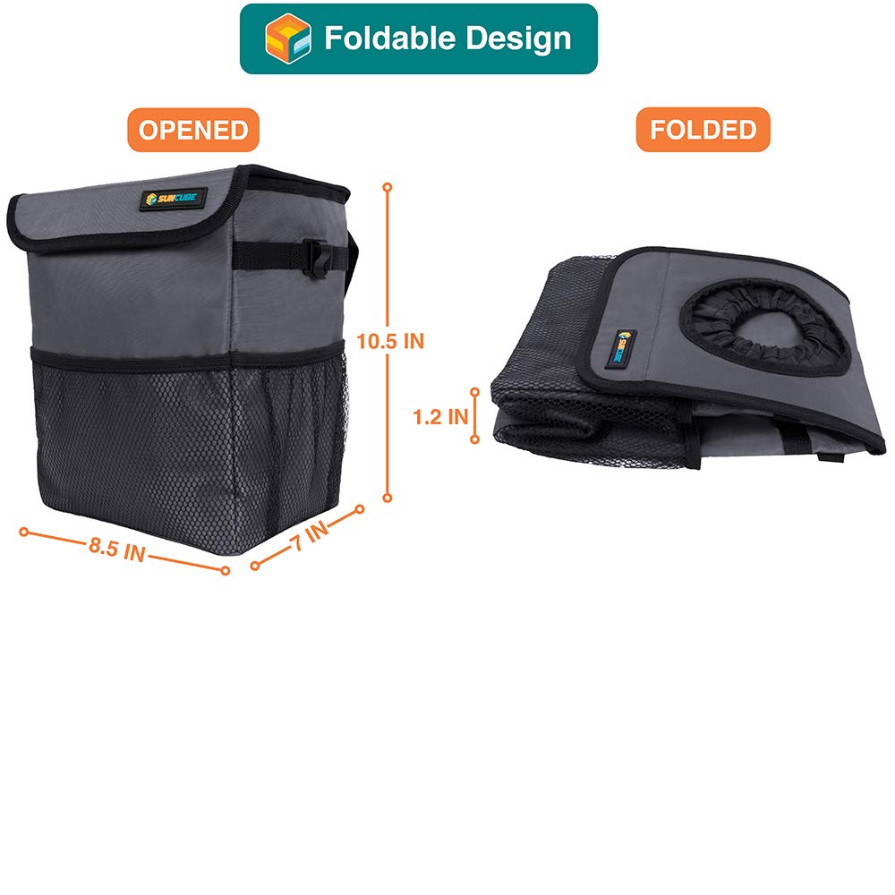 Waterproof Car Trash Can with Lid & Mesh Pockets - Leakproof Hanging Auto Garbage Bin for Car, Truck, SUV | Trash Bag Organizer for Headrest & Console | Perfect for Road Trips, Commuting & Family Travel (Dark Gray)